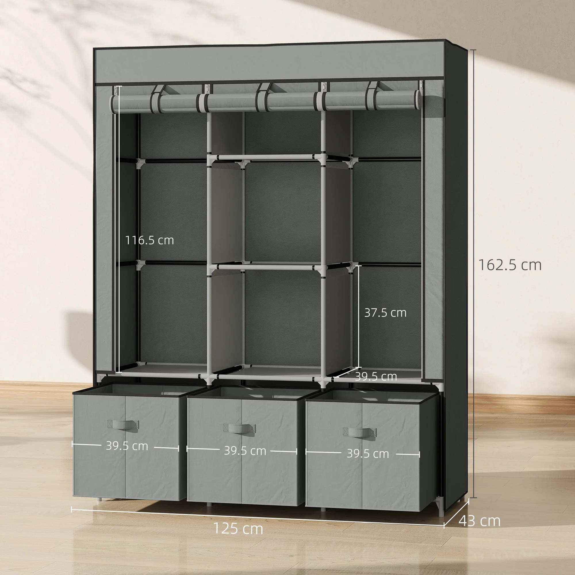 HOMCOM Portable Wardrobe w/ 5 Shelves 3 Fabric Drawers and 2 Hanging Rails Grey - Image 5