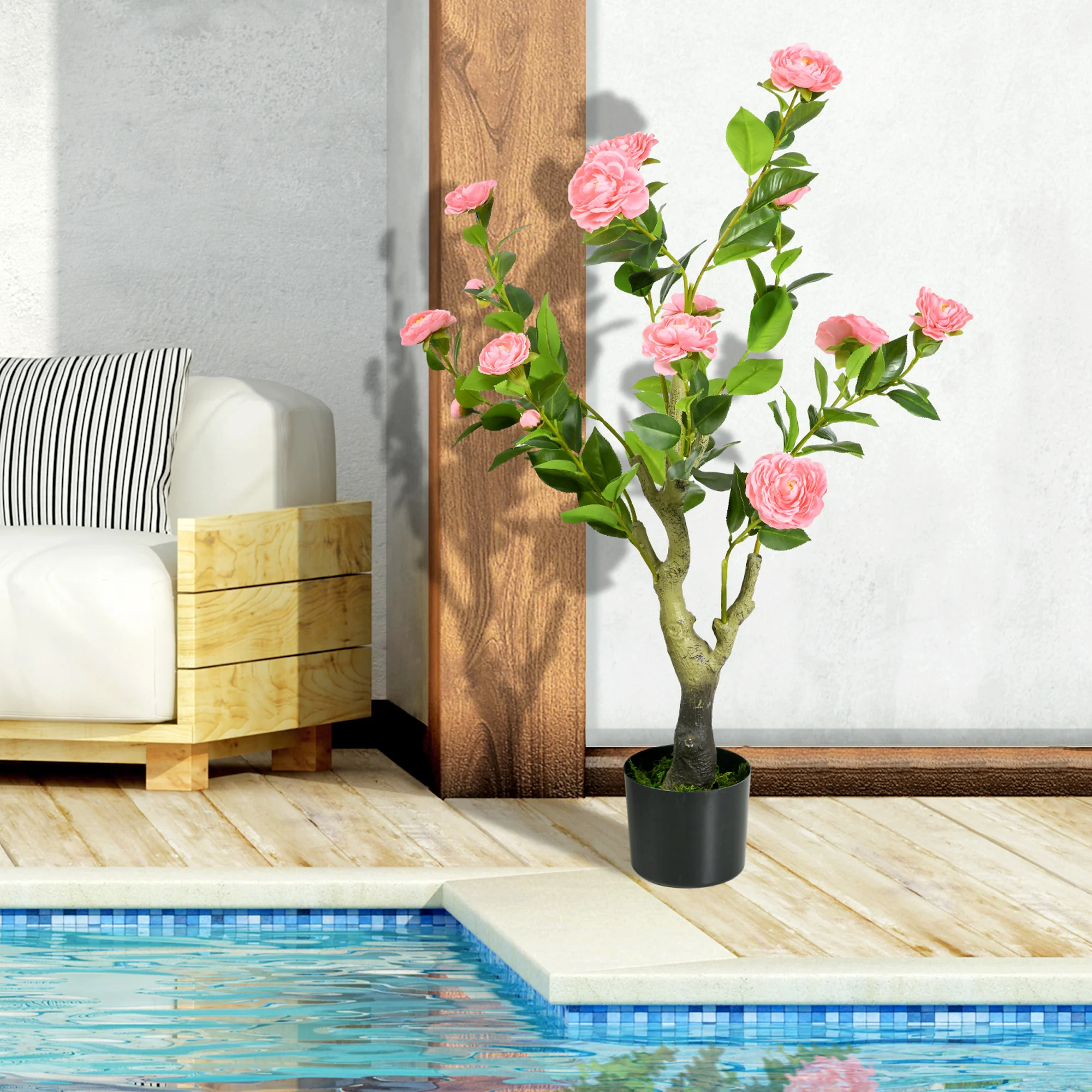 HOMCOM Potted Artificial Plants Camellia Flower for Indoor Outdoor, Pink - Image 3