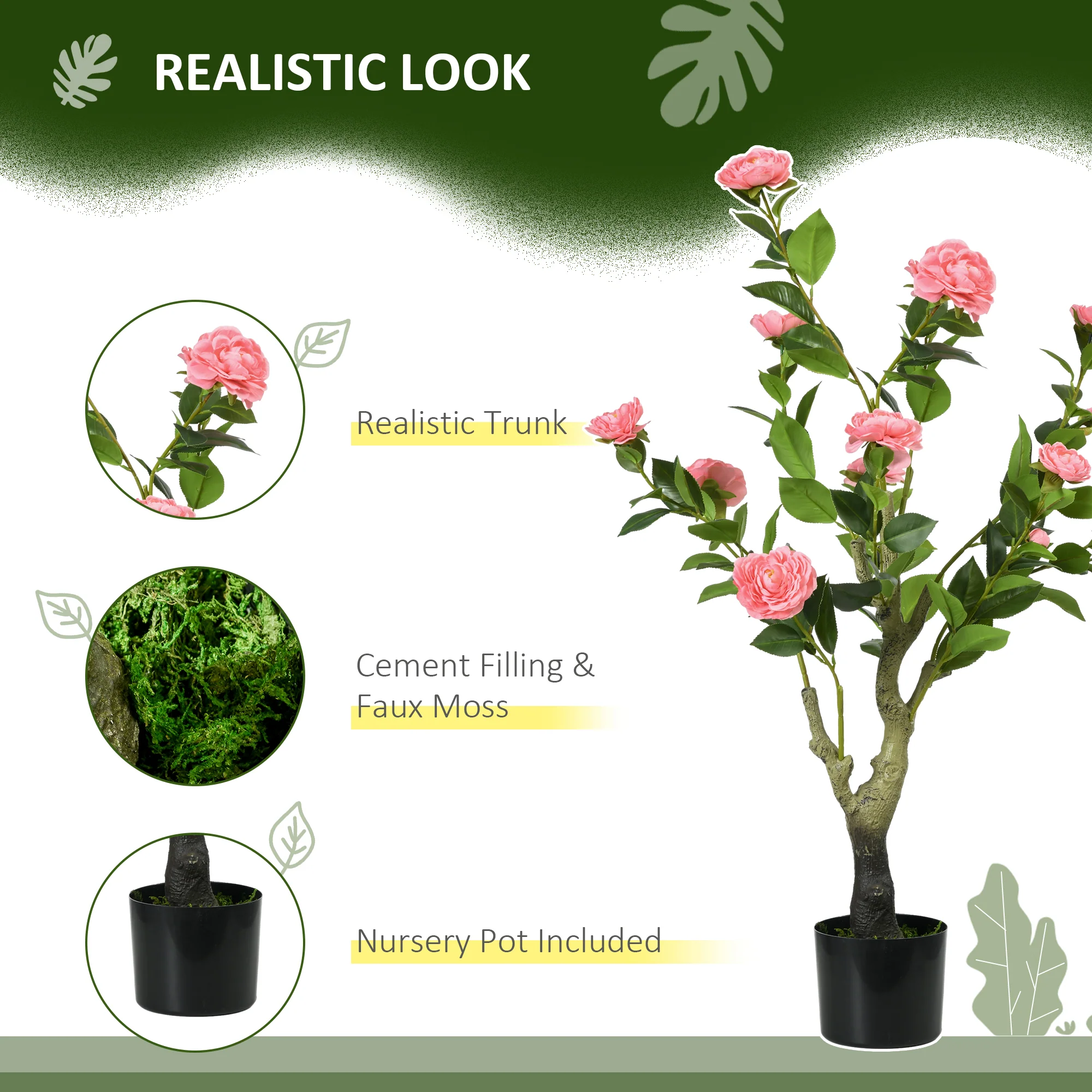 HOMCOM Potted Artificial Plants Camellia Flower for Indoor Outdoor, Pink - Image 4