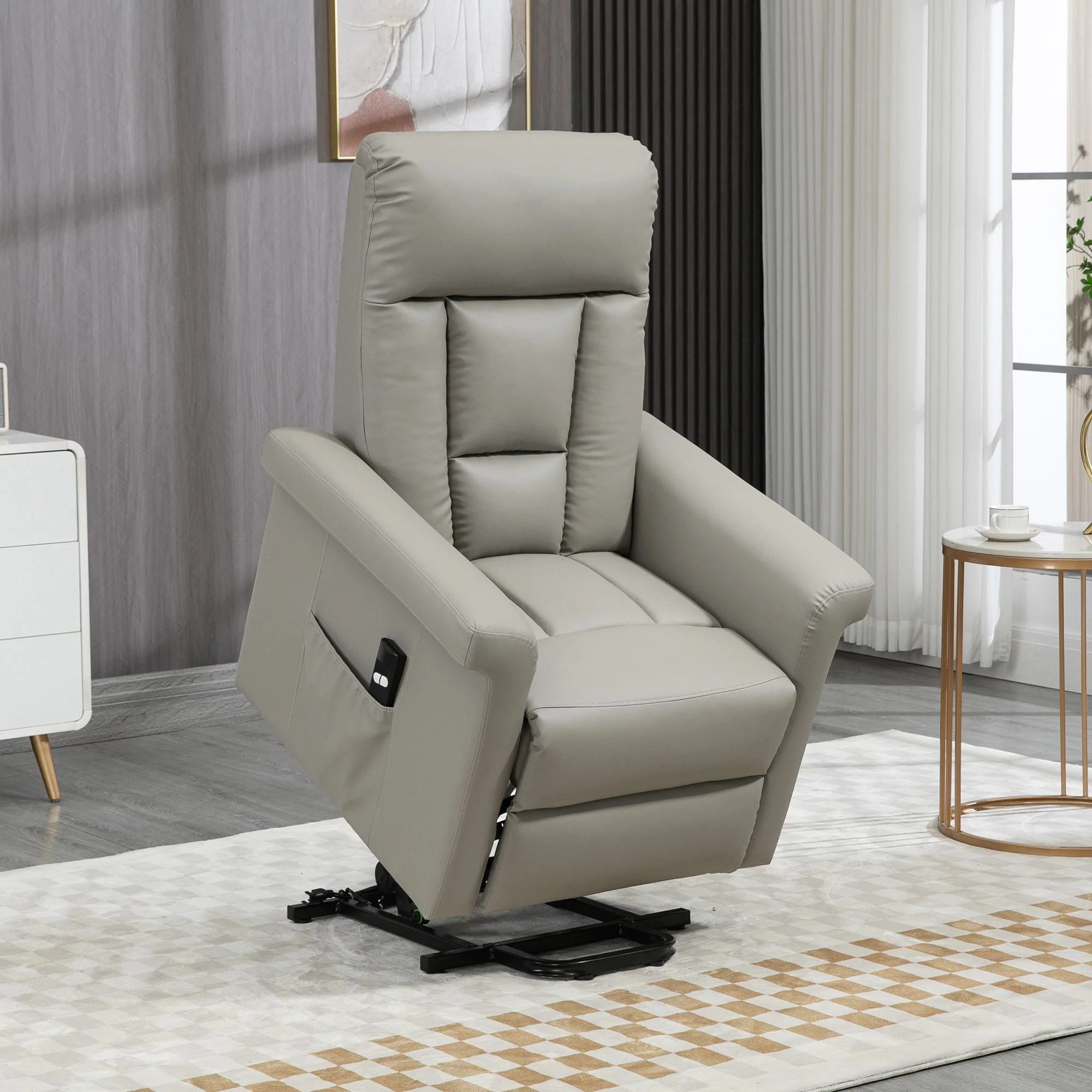 HOMCOM Power Lift Chair, PU Leather Electric Recliner with Side Pocket, Grey - Image 2