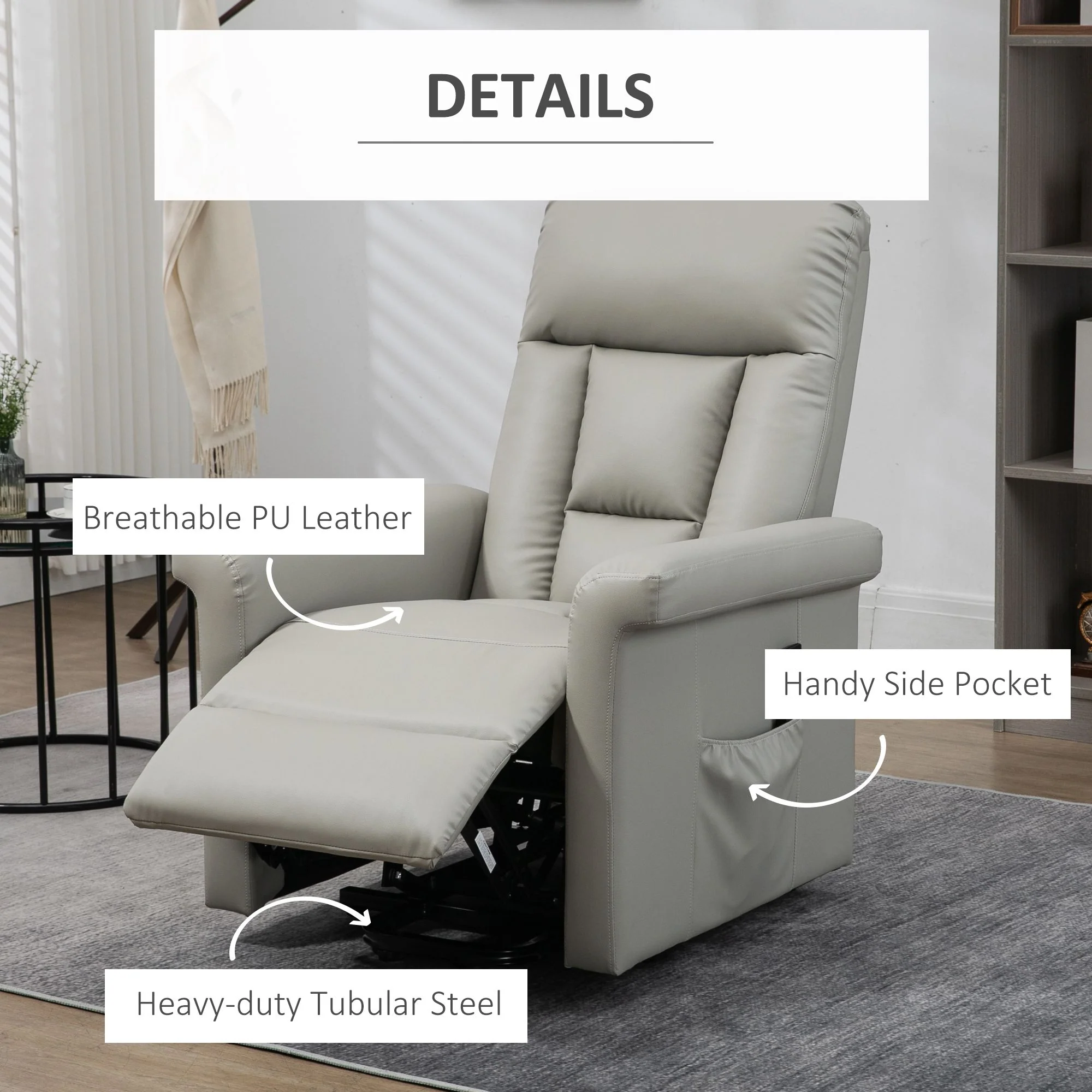 HOMCOM Power Lift Chair, PU Leather Electric Recliner with Side Pocket, Grey - Image 3