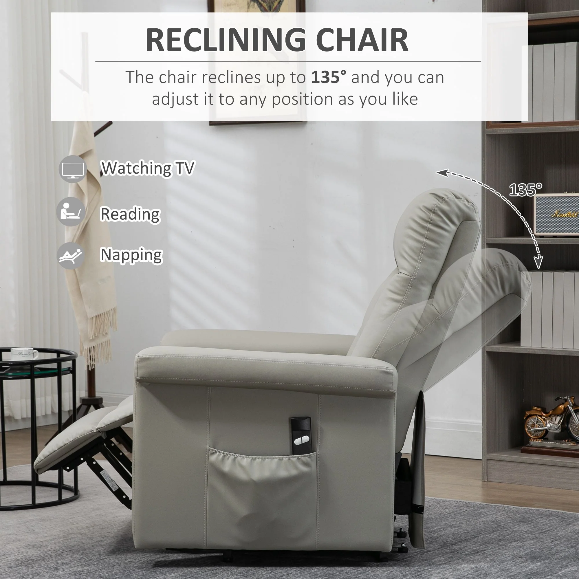 HOMCOM Power Lift Chair, PU Leather Electric Recliner with Side Pocket, Grey - Image 4