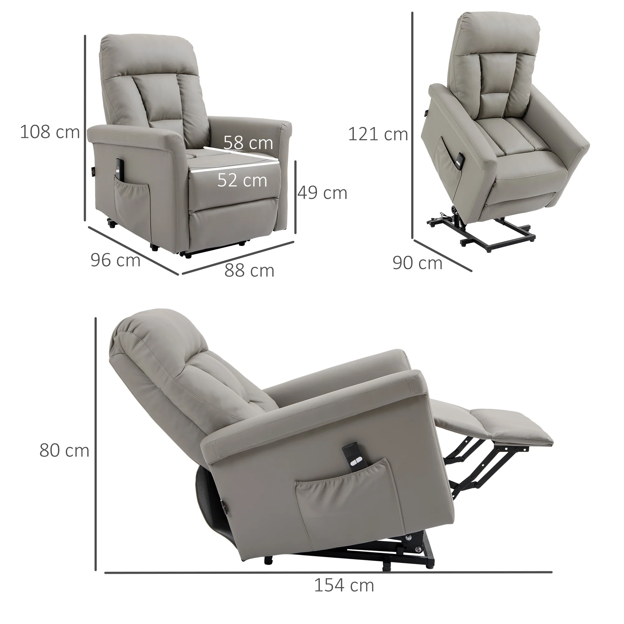 HOMCOM Power Lift Chair, PU Leather Electric Recliner with Side Pocket, Grey - Image 5