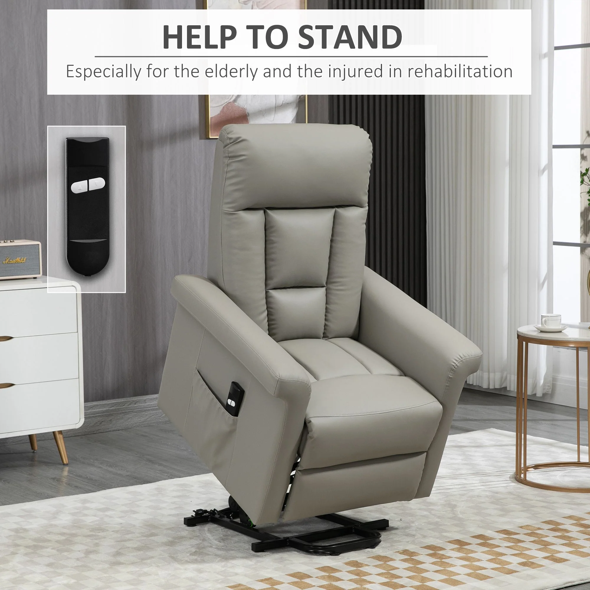 HOMCOM Power Lift Chair, PU Leather Electric Recliner with Side Pocket, Grey - Image 6