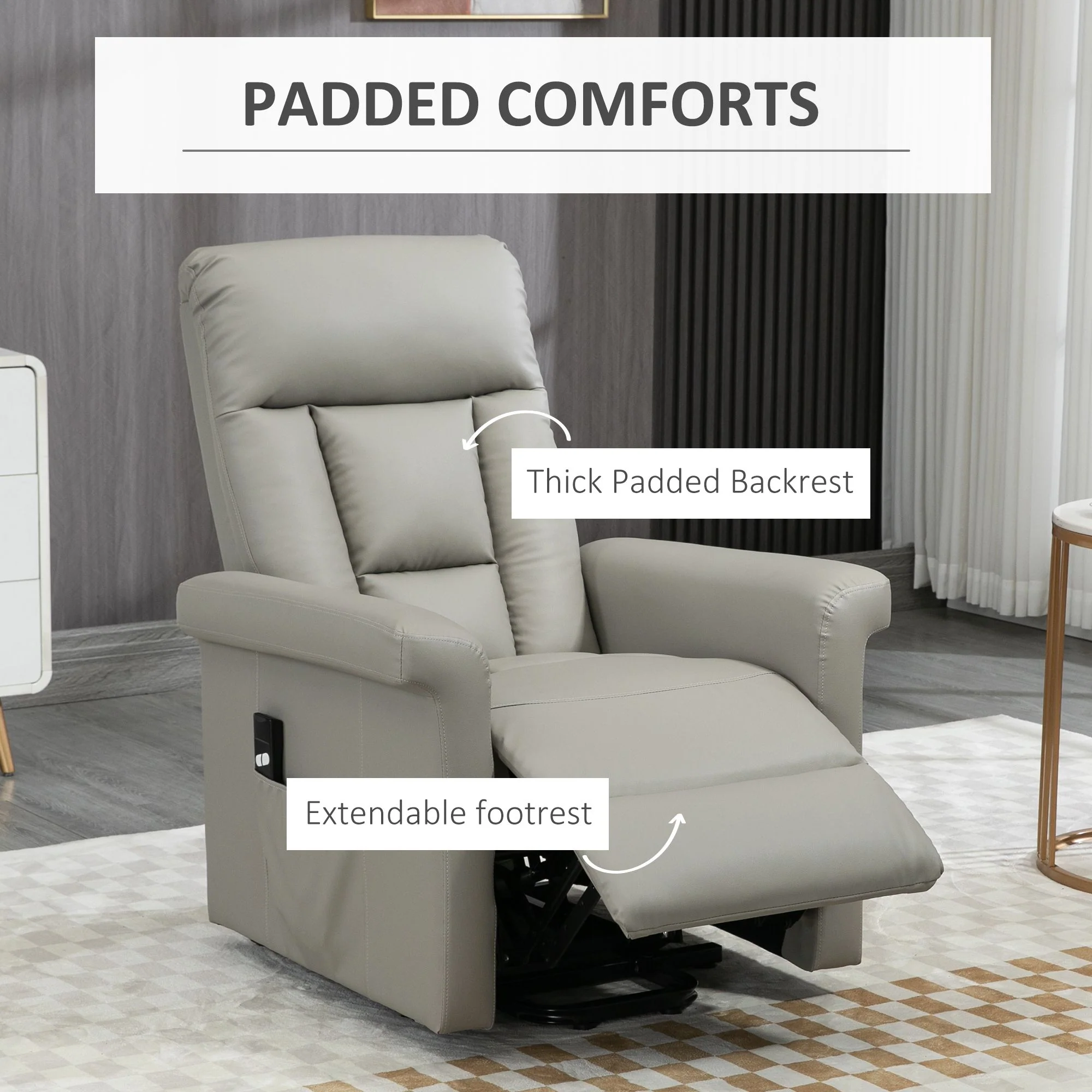 HOMCOM Power Lift Chair, PU Leather Electric Recliner with Side Pocket, Grey - Image 7