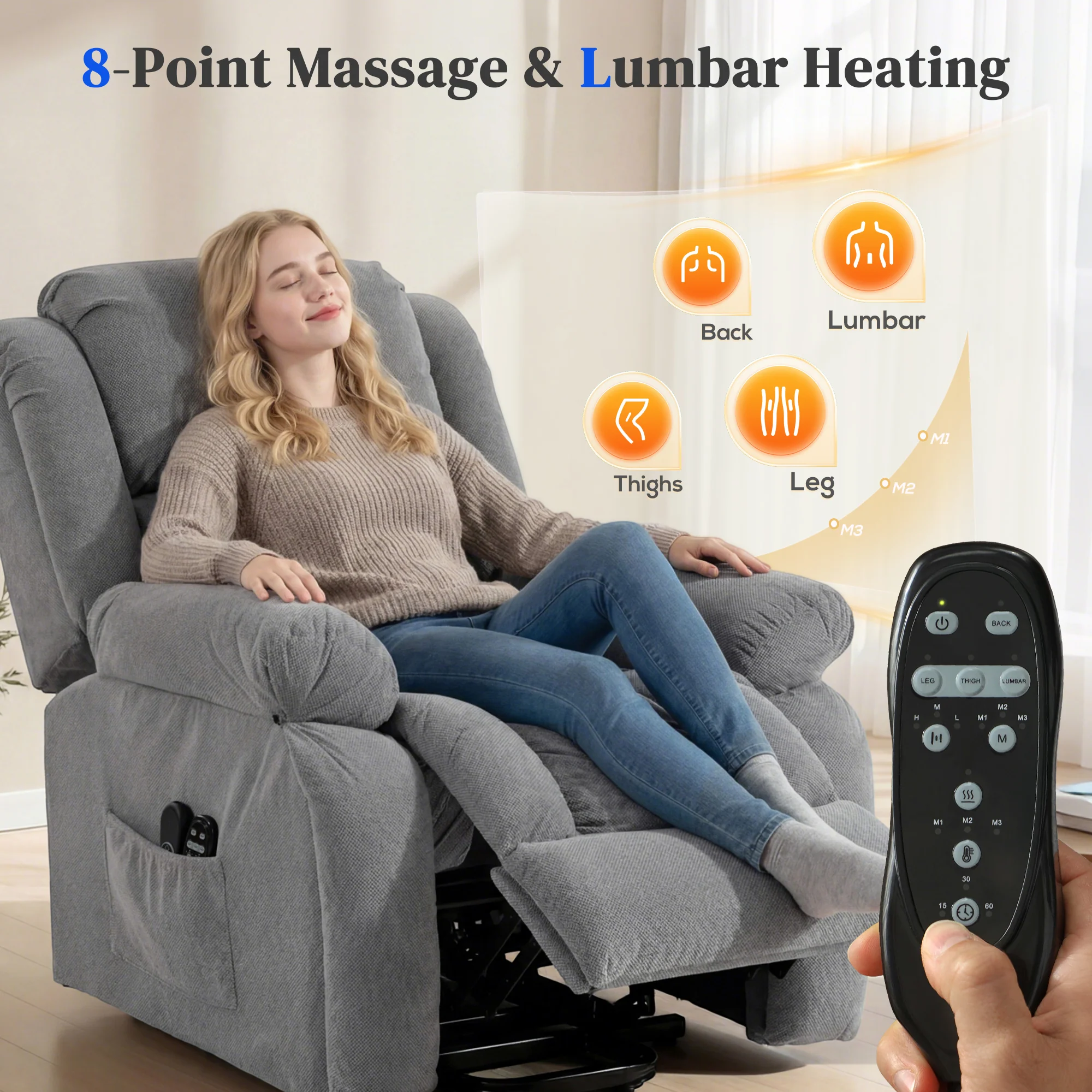 HOMCOM Power Lift Recliner Chair, Reclining Chair With Massage, Light Grey - Image 5