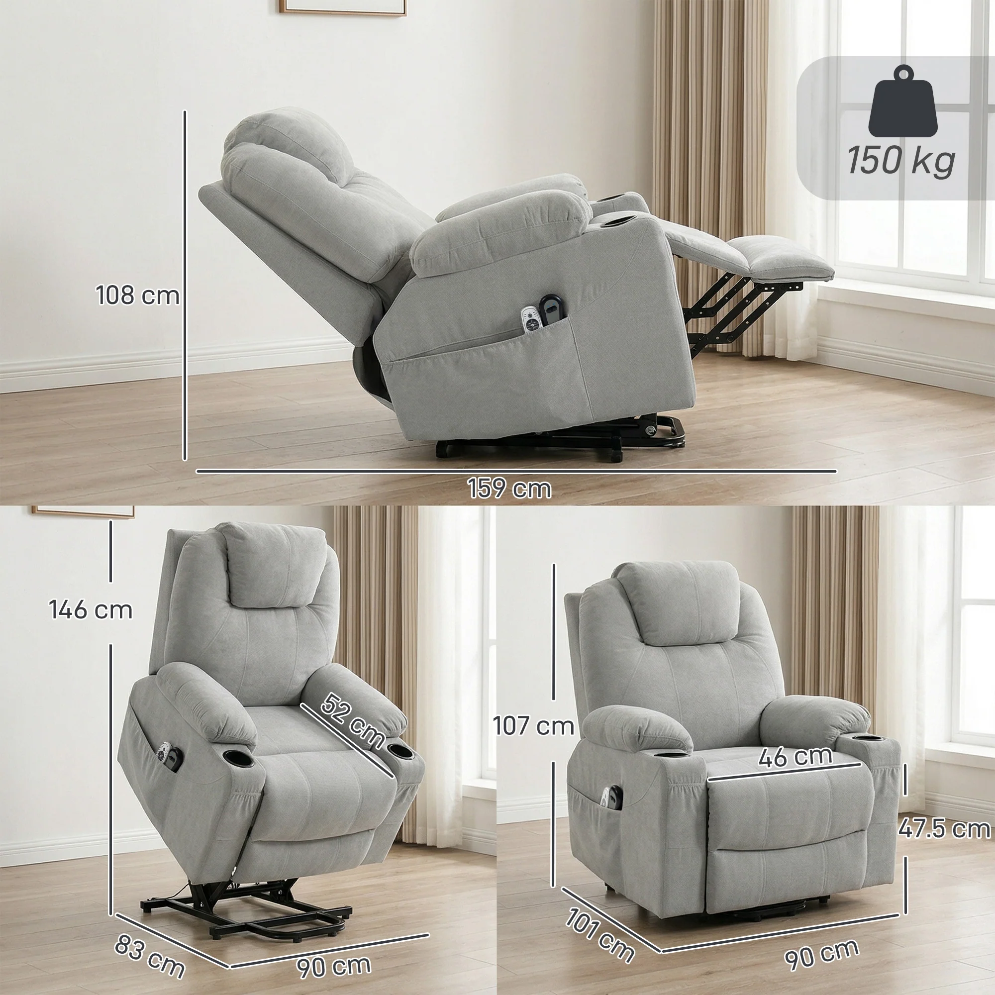 HOMCOM Power Lift Recliner Chair With Vibration Massage, Light Grey - Image 5
