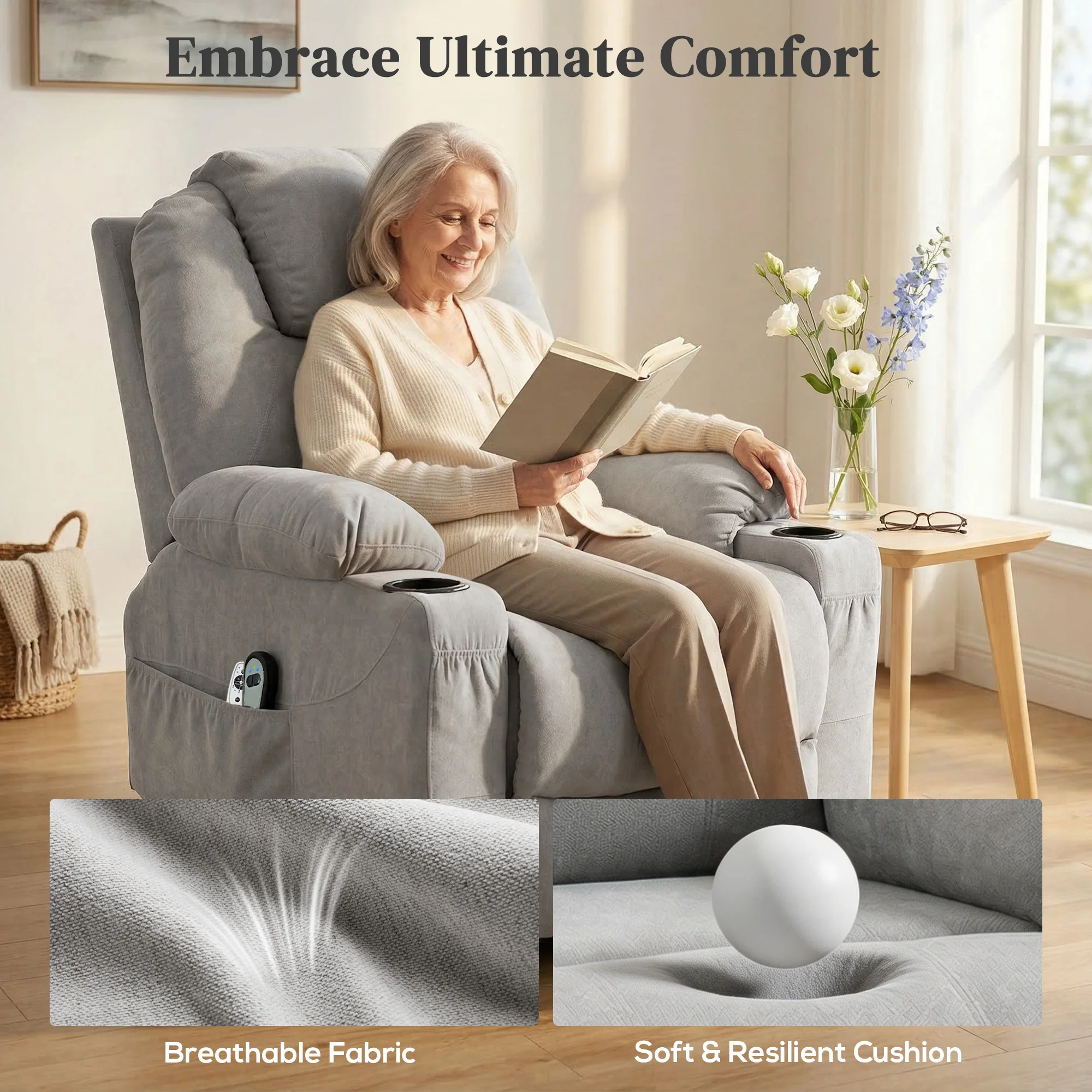 HOMCOM Power Lift Recliner Chair With Vibration Massage, Light Grey - Image 6