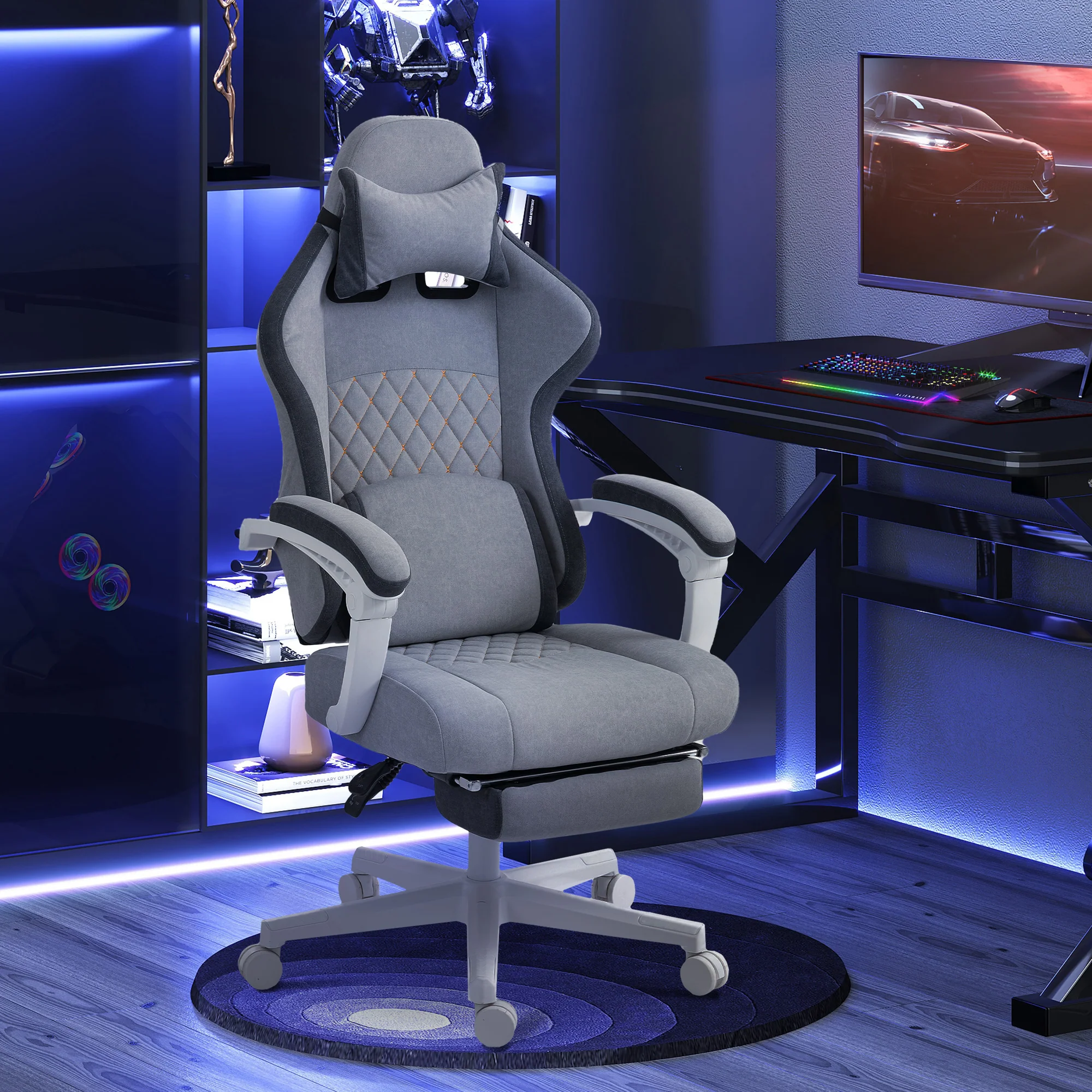 HOMCOM Printed Velvet Computer Recliner Chair with Adjustable Height, Grey - Image 2