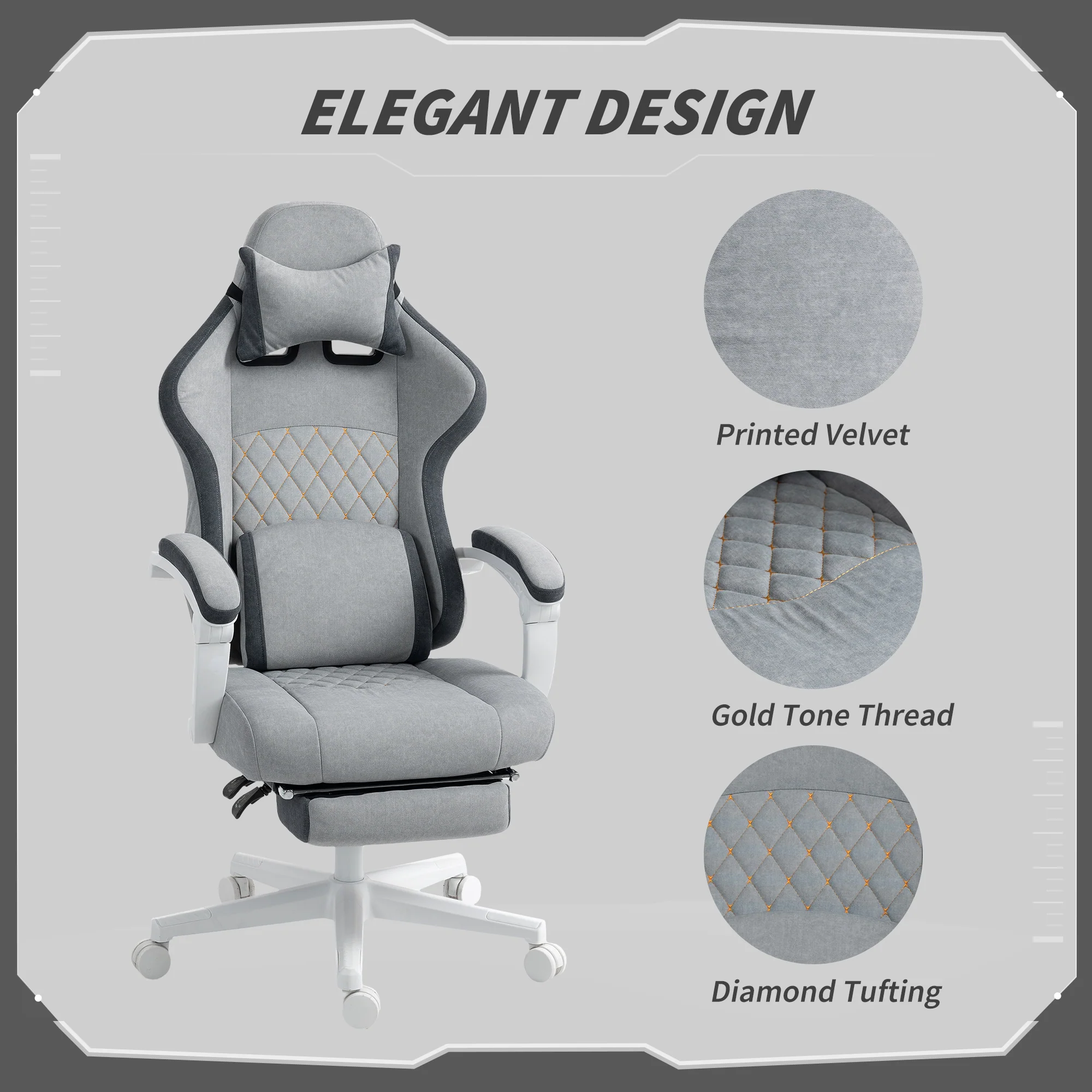 HOMCOM Printed Velvet Computer Recliner Chair with Adjustable Height, Grey - Image 3