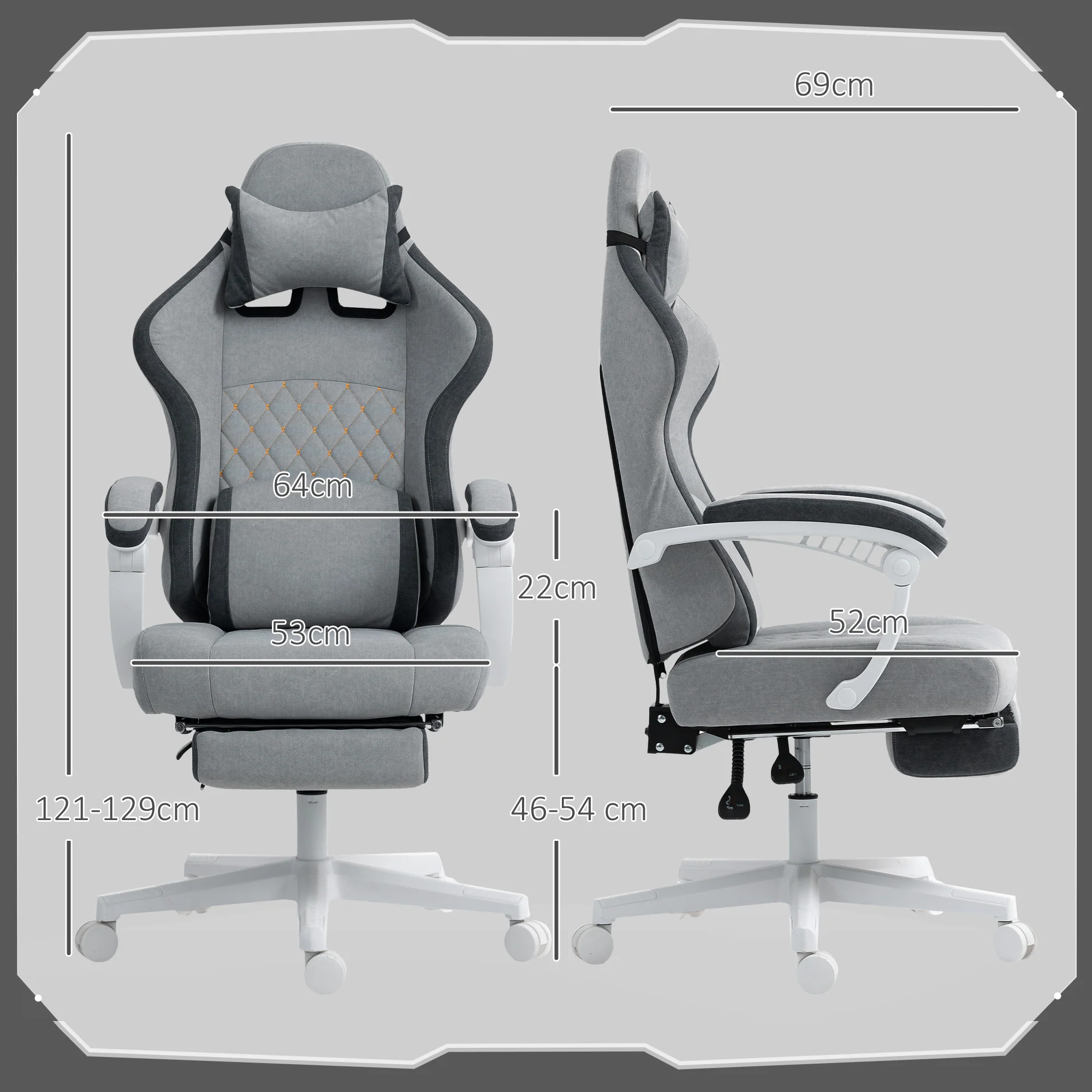 HOMCOM Printed Velvet Computer Recliner Chair with Adjustable Height, Grey - Image 5