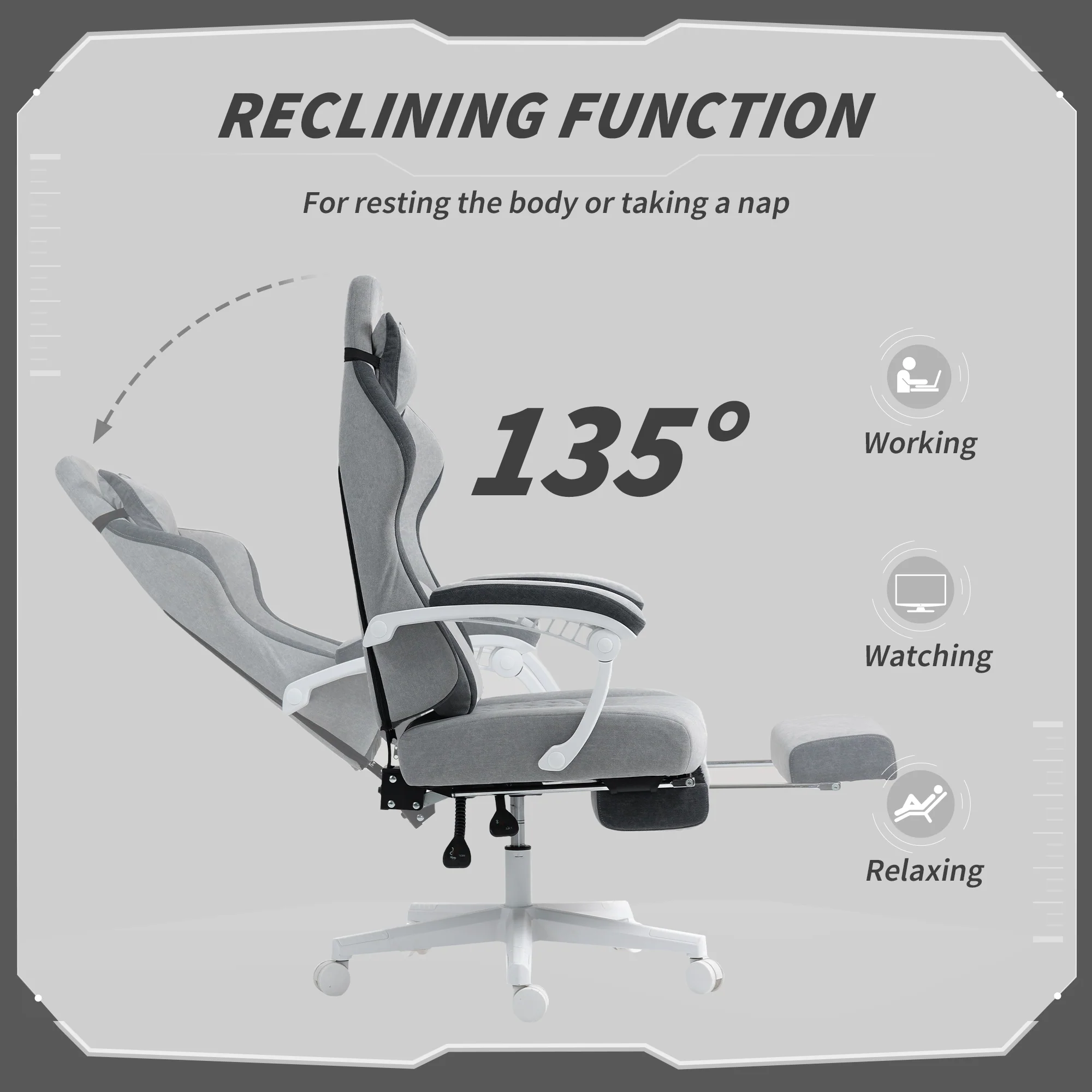 HOMCOM Printed Velvet Computer Recliner Chair with Adjustable Height, Grey - Image 6