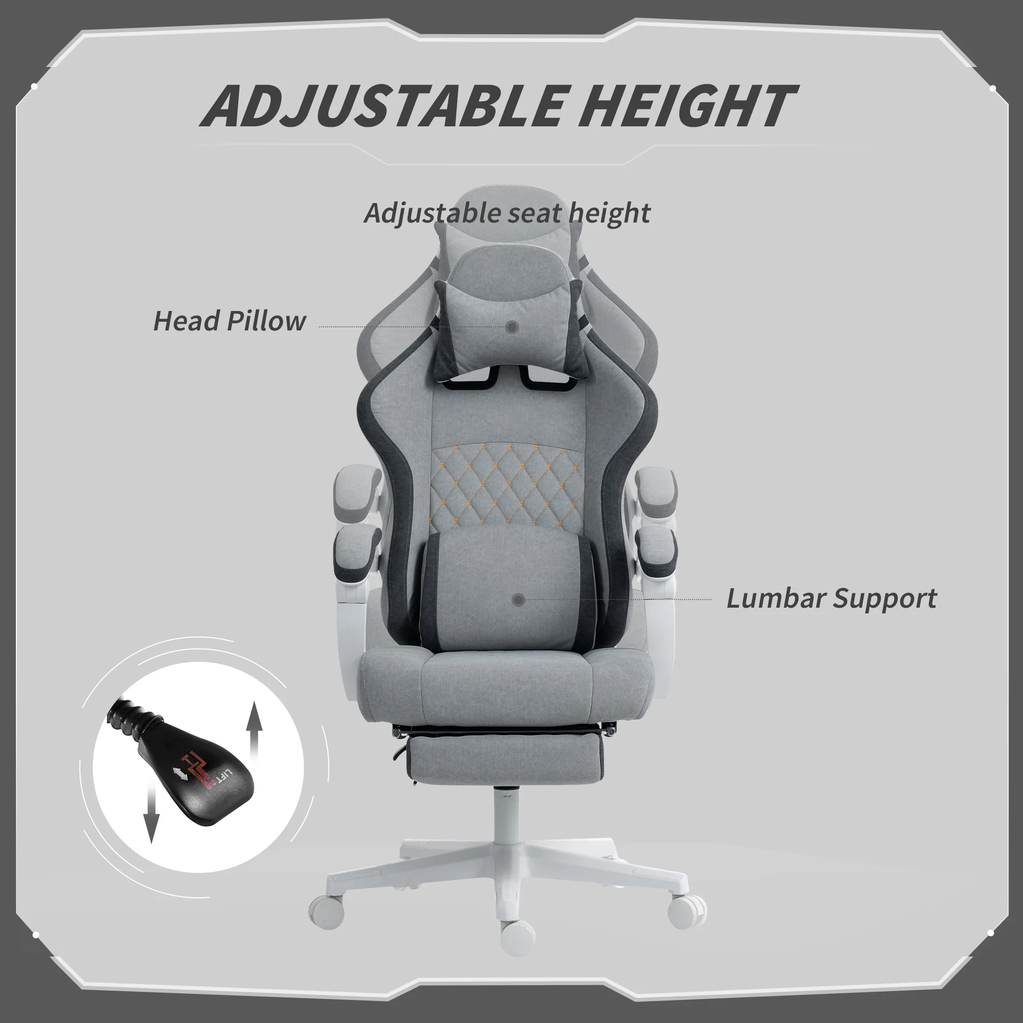HOMCOM Printed Velvet Computer Recliner Chair with Adjustable Height, Grey - Image 7