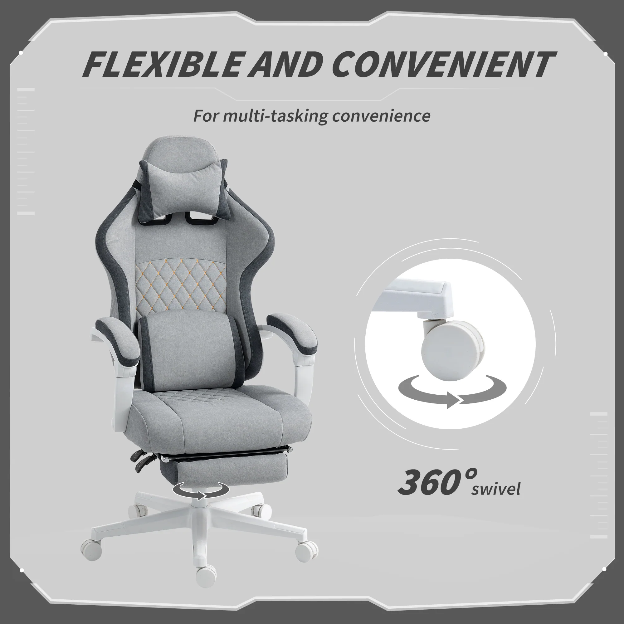 HOMCOM Printed Velvet Computer Recliner Chair with Adjustable Height, Grey - Image 8