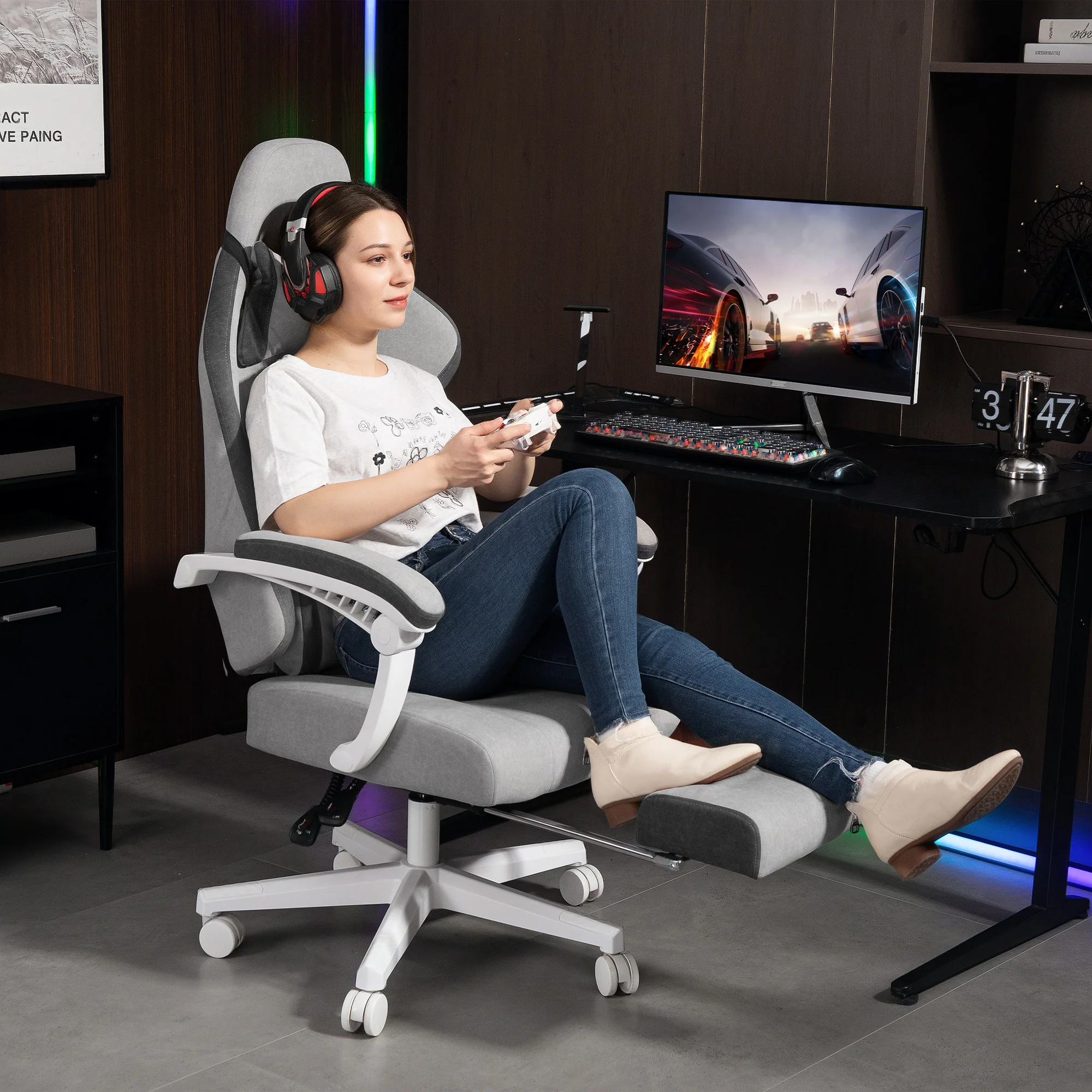 HOMCOM Printed Velvet Computer Recliner Chair with Adjustable Height, Grey - Image 9