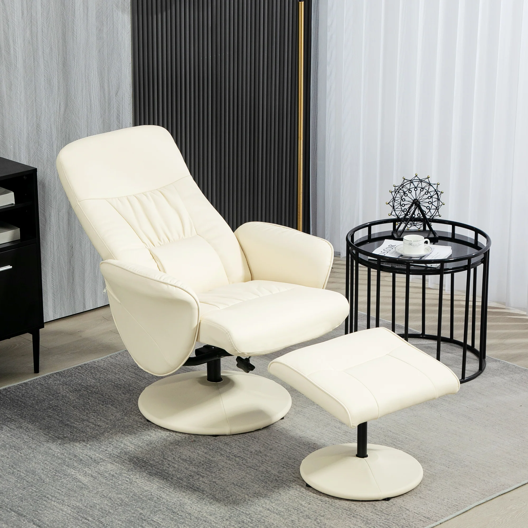HOMCOM PU Leather Armchair And Footrest Swivel Recliner W/ Ottoman Light Grey/Cream/Dark Grey - Image 11