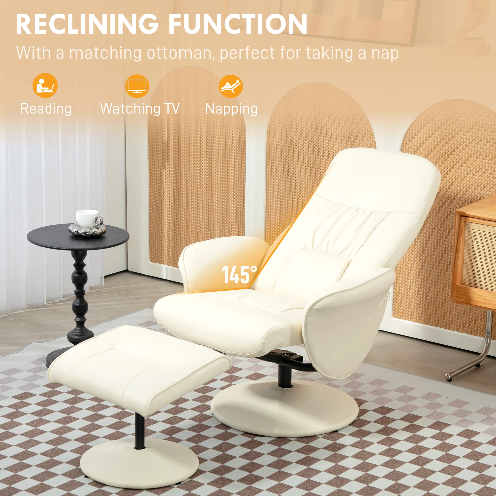 HOMCOM PU Leather Armchair And Footrest Swivel Recliner W/ Ottoman Light Grey/Cream/Dark Grey - Image 12