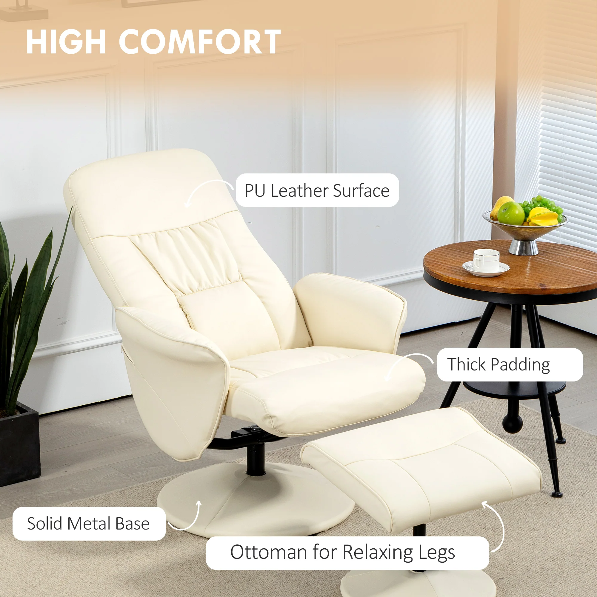 HOMCOM PU Leather Armchair And Footrest Swivel Recliner W/ Ottoman Light Grey/Cream/Dark Grey - Image 15
