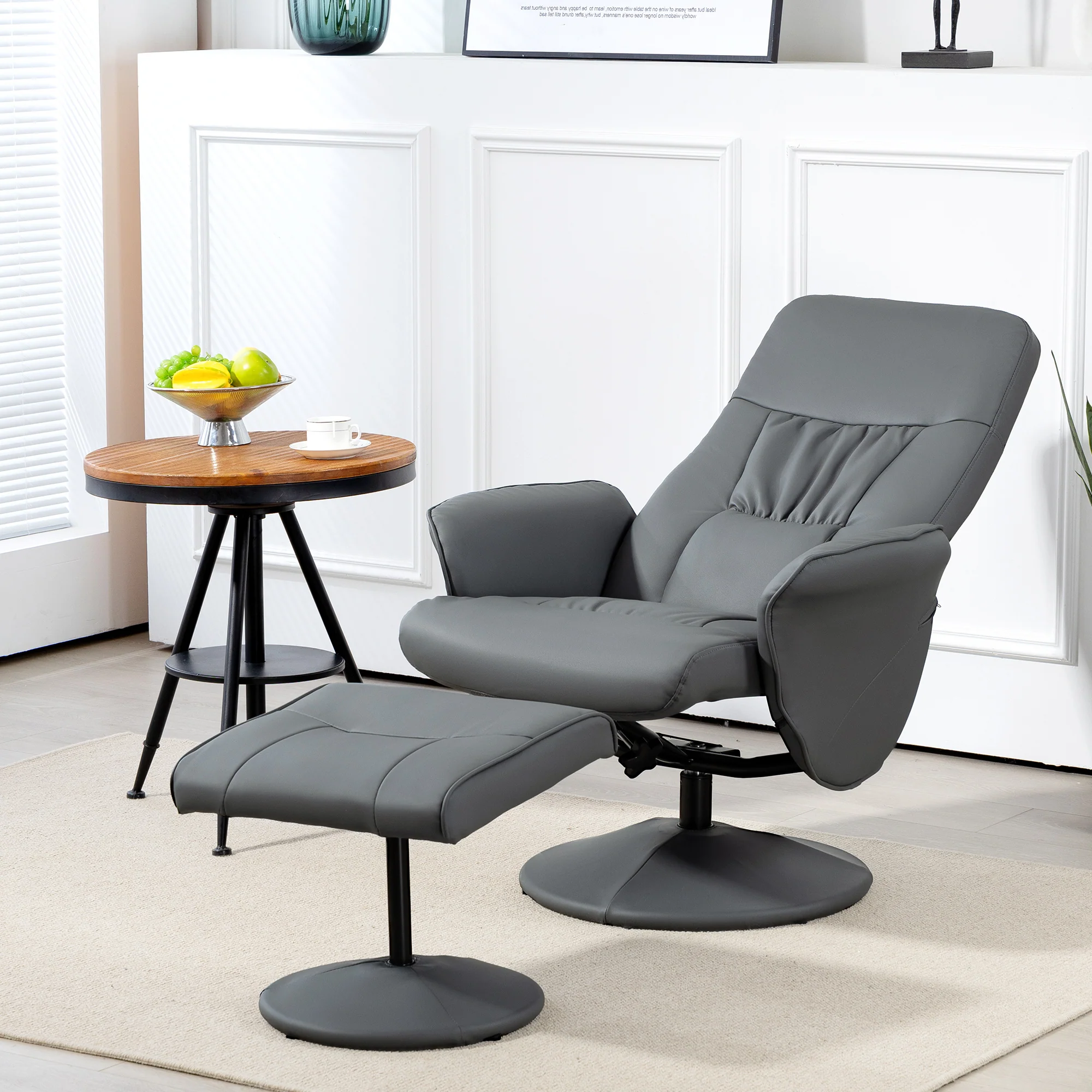HOMCOM PU Leather Armchair And Footrest Swivel Recliner W/ Ottoman Light Grey/Cream/Dark Grey - Image 20