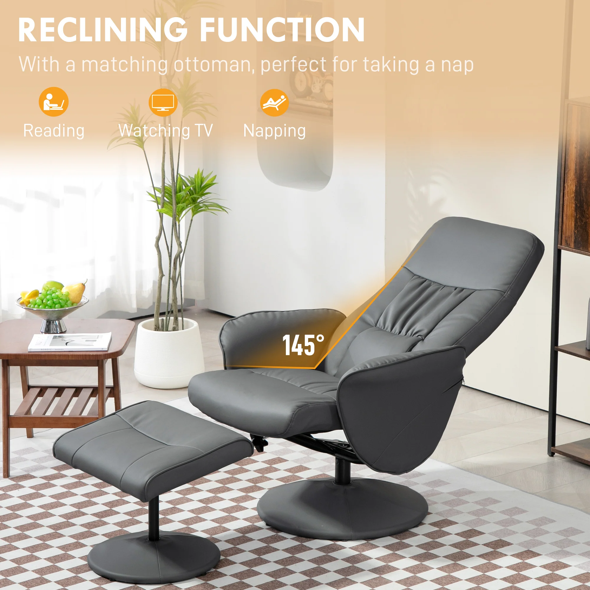 HOMCOM PU Leather Armchair And Footrest Swivel Recliner W/ Ottoman Light Grey/Cream/Dark Grey - Image 21