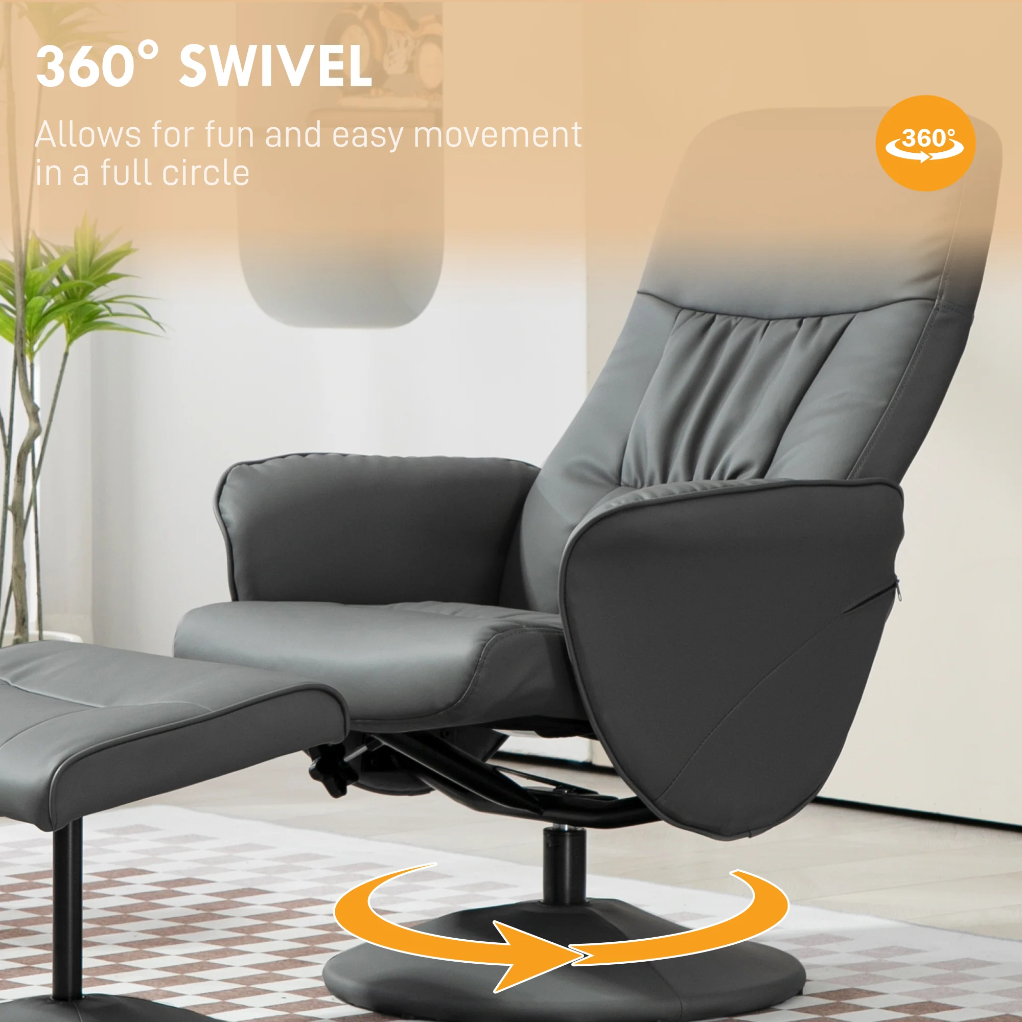 HOMCOM PU Leather Armchair And Footrest Swivel Recliner W/ Ottoman Light Grey/Cream/Dark Grey - Image 22