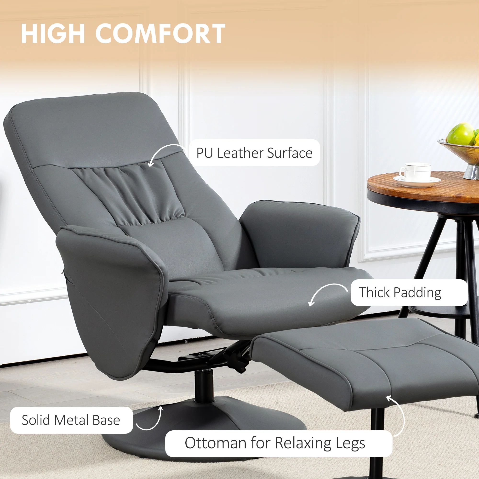 HOMCOM PU Leather Armchair And Footrest Swivel Recliner W/ Ottoman Light Grey/Cream/Dark Grey - Image 24