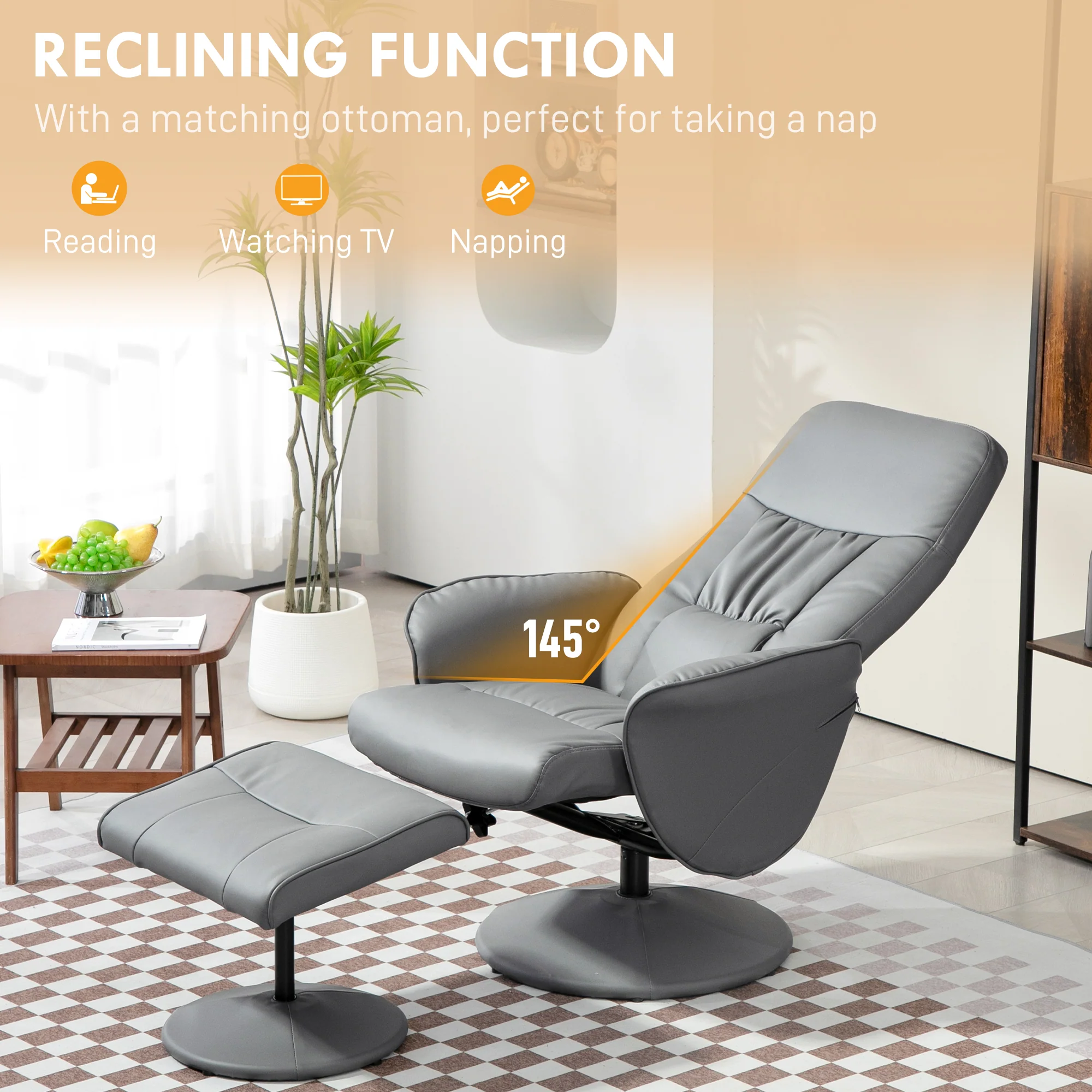 HOMCOM PU Leather Armchair And Footrest Swivel Recliner W/ Ottoman Light Grey/Cream/Dark Grey - Image 3
