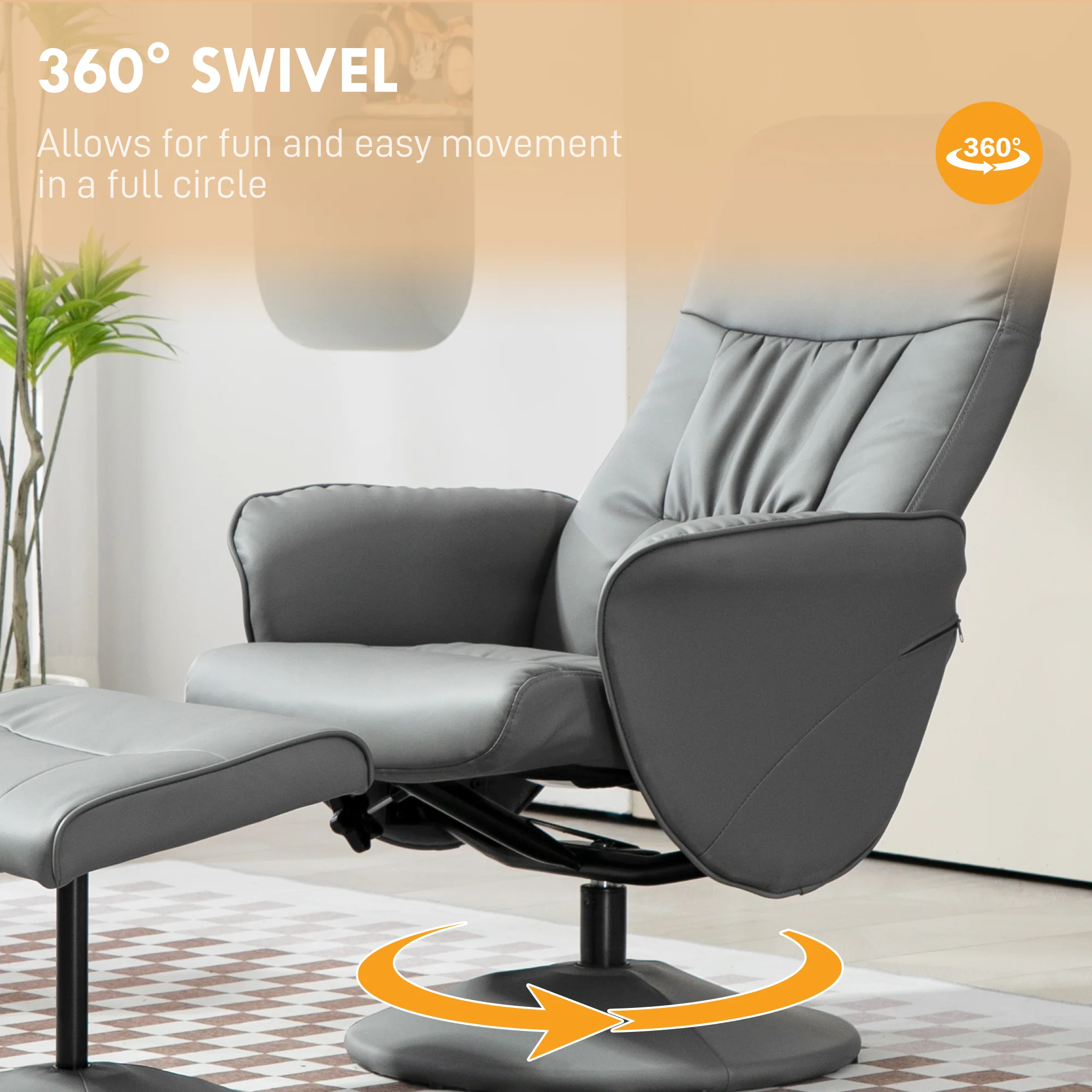 HOMCOM PU Leather Armchair And Footrest Swivel Recliner W/ Ottoman Light Grey/Cream/Dark Grey - Image 4