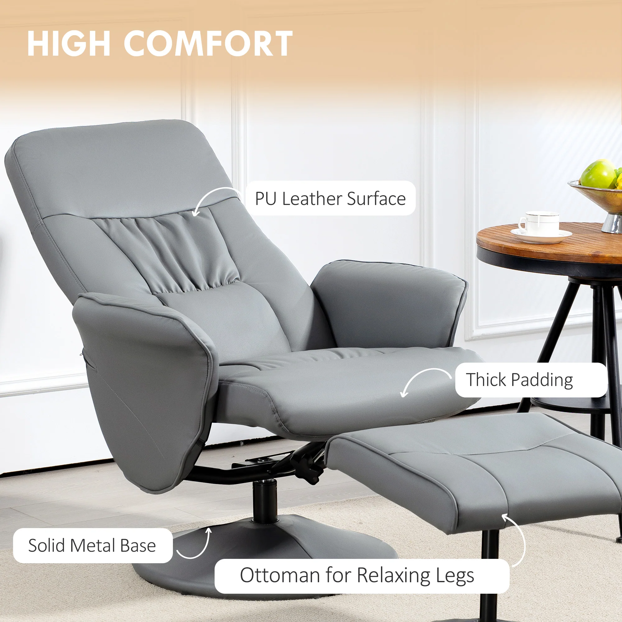 HOMCOM PU Leather Armchair And Footrest Swivel Recliner W/ Ottoman Light Grey/Cream/Dark Grey - Image 6