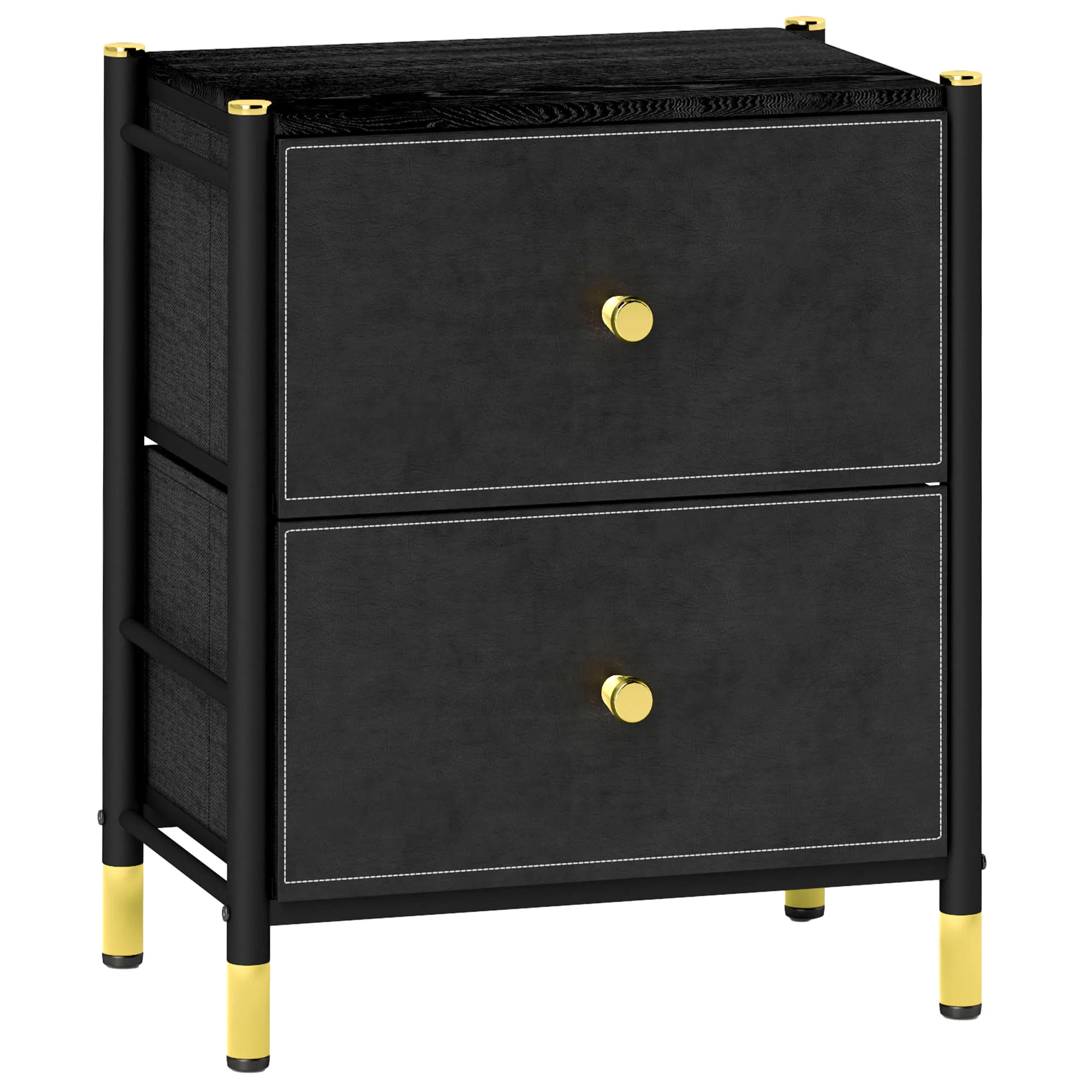 HOMCOM PU Leather Bedside Table With 2 Drawers And Steel Legs, Black - Image 2