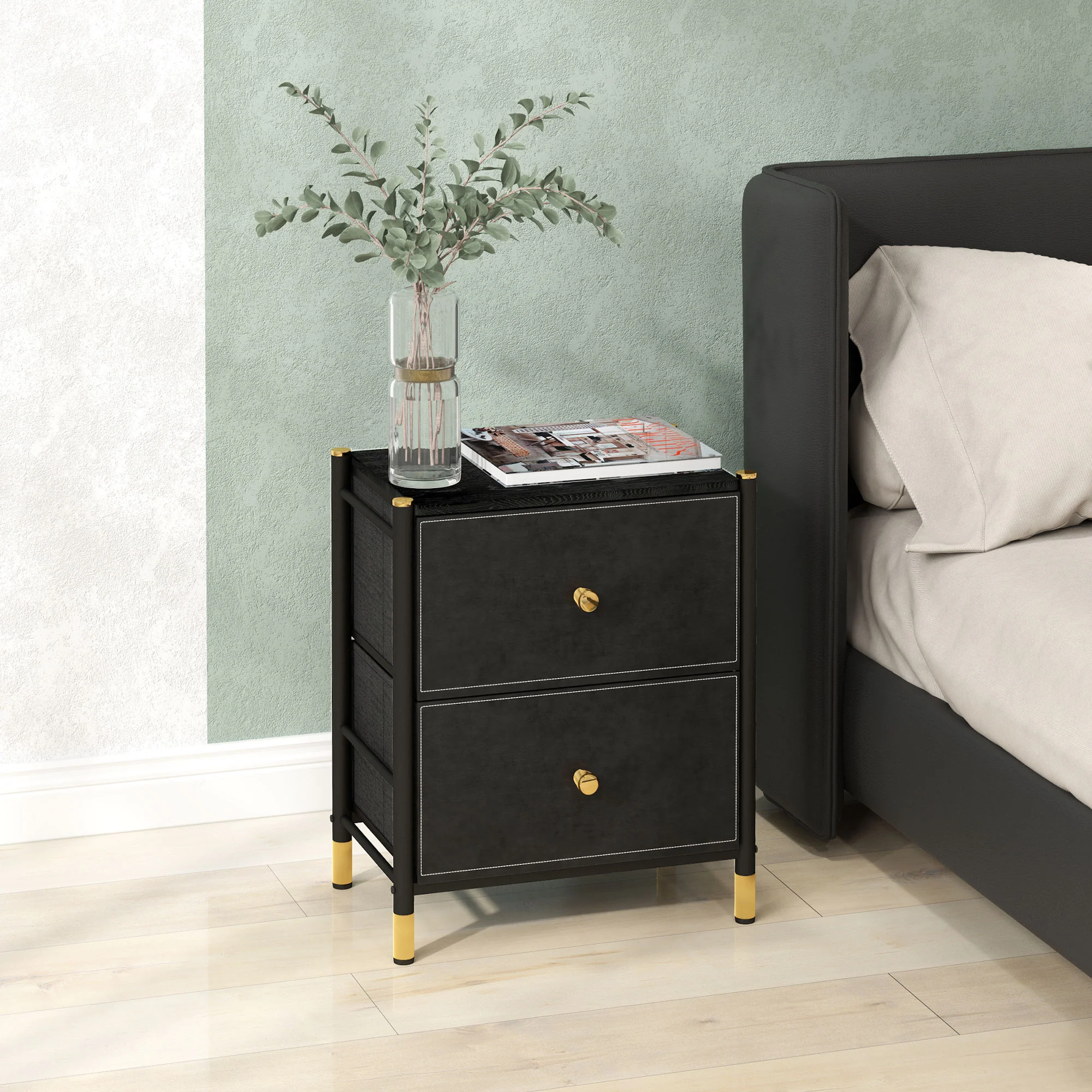 HOMCOM PU Leather Bedside Table With 2 Drawers And Steel Legs, Black - Image 3