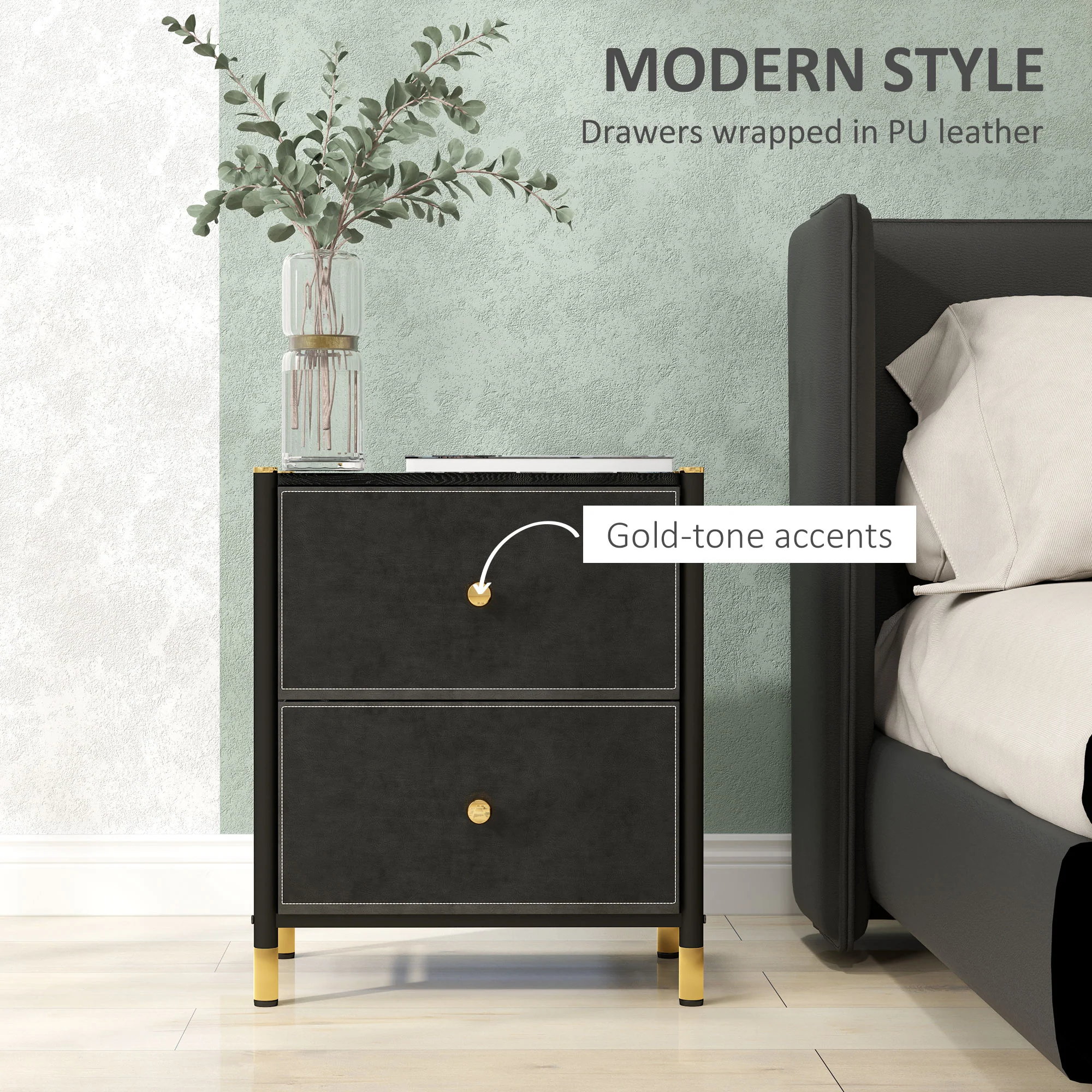 HOMCOM PU Leather Bedside Table With 2 Drawers And Steel Legs, Black - Image 4