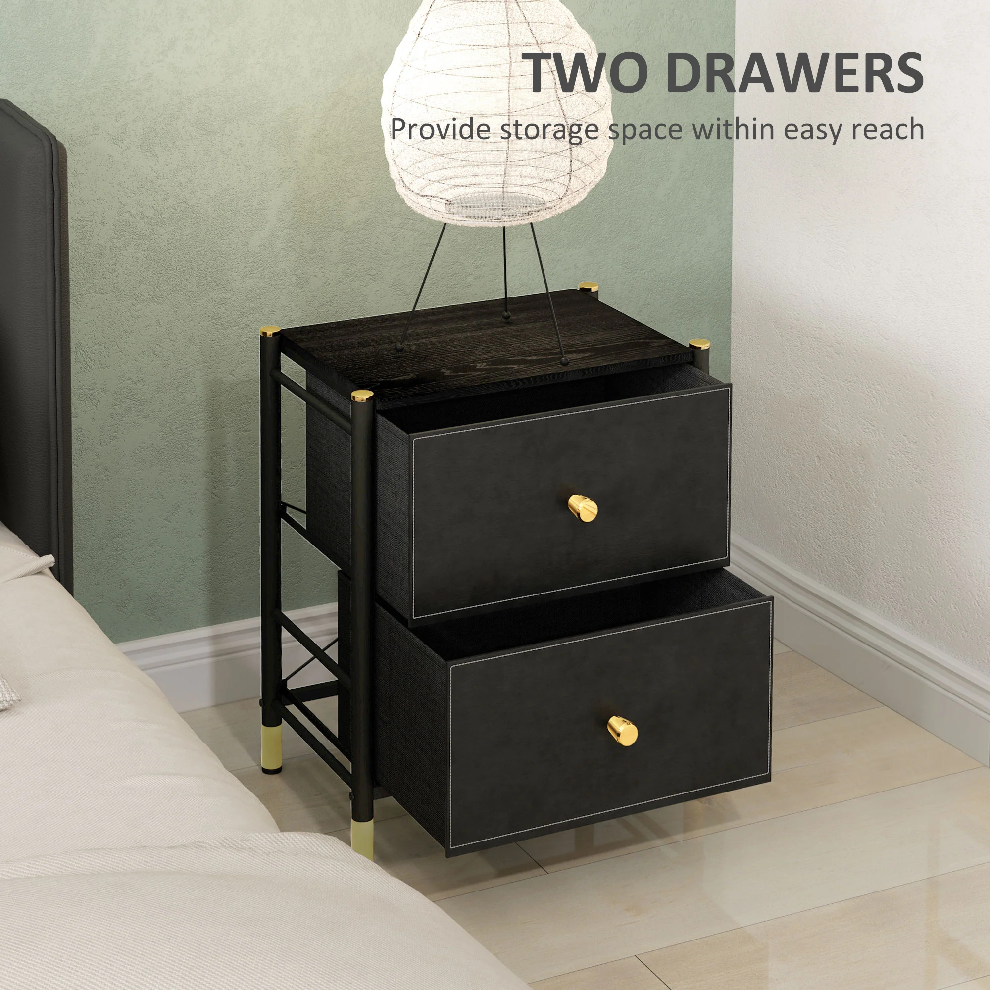 HOMCOM PU Leather Bedside Table With 2 Drawers And Steel Legs, Black - Image 5