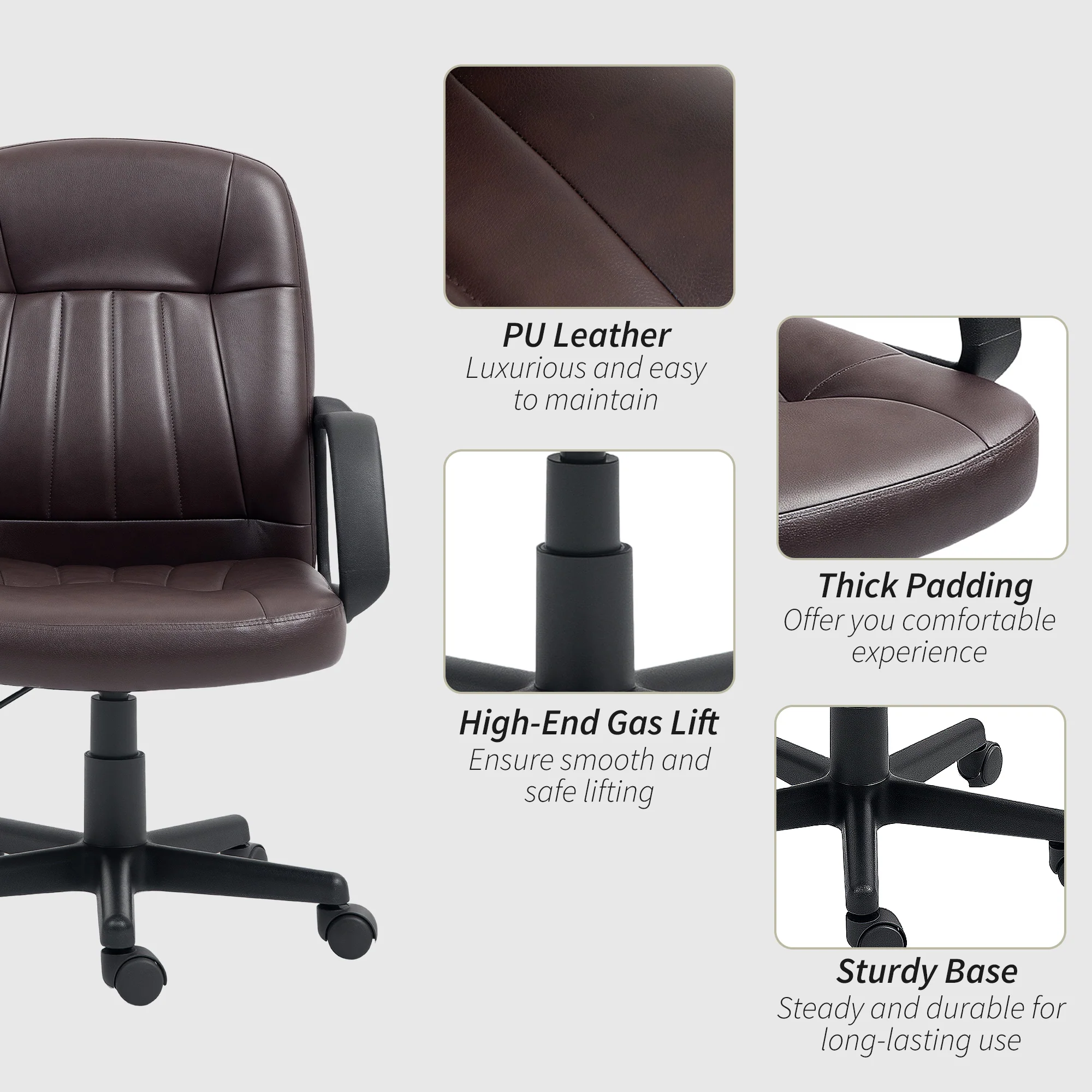HOMCOM PU Leather Office Chair Swivel Home Computer Desk Chair, Dark Brown - Image 6