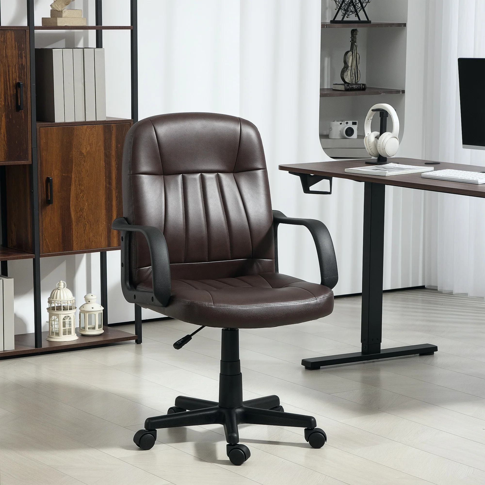 HOMCOM PU Leather Office Chair Swivel Home Computer Desk Chair, Dark Brown - Image 7