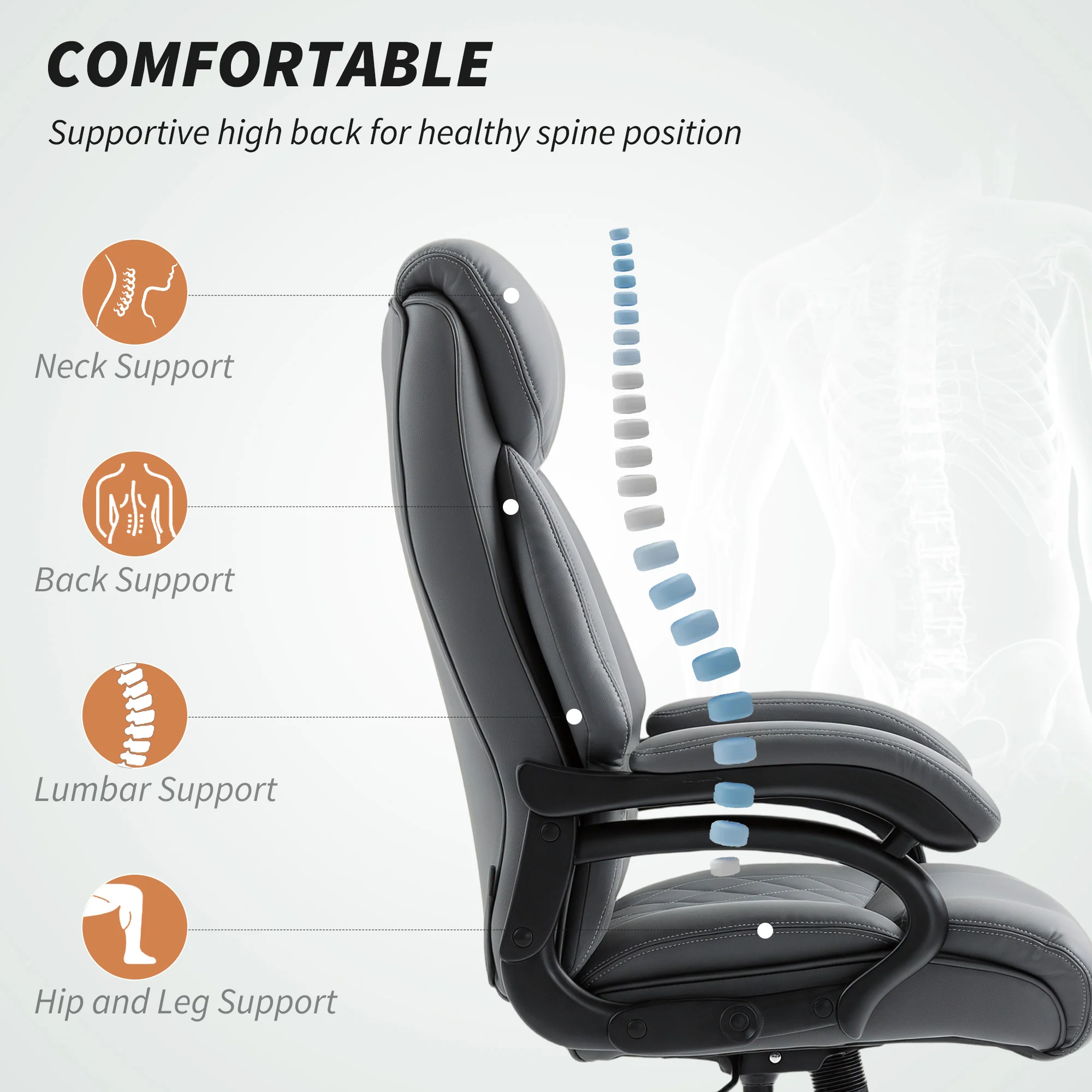 HOMCOM PU Leather Office Chair With Spring Padding, Swivel Wheels, Charcoal Grey - Image 3