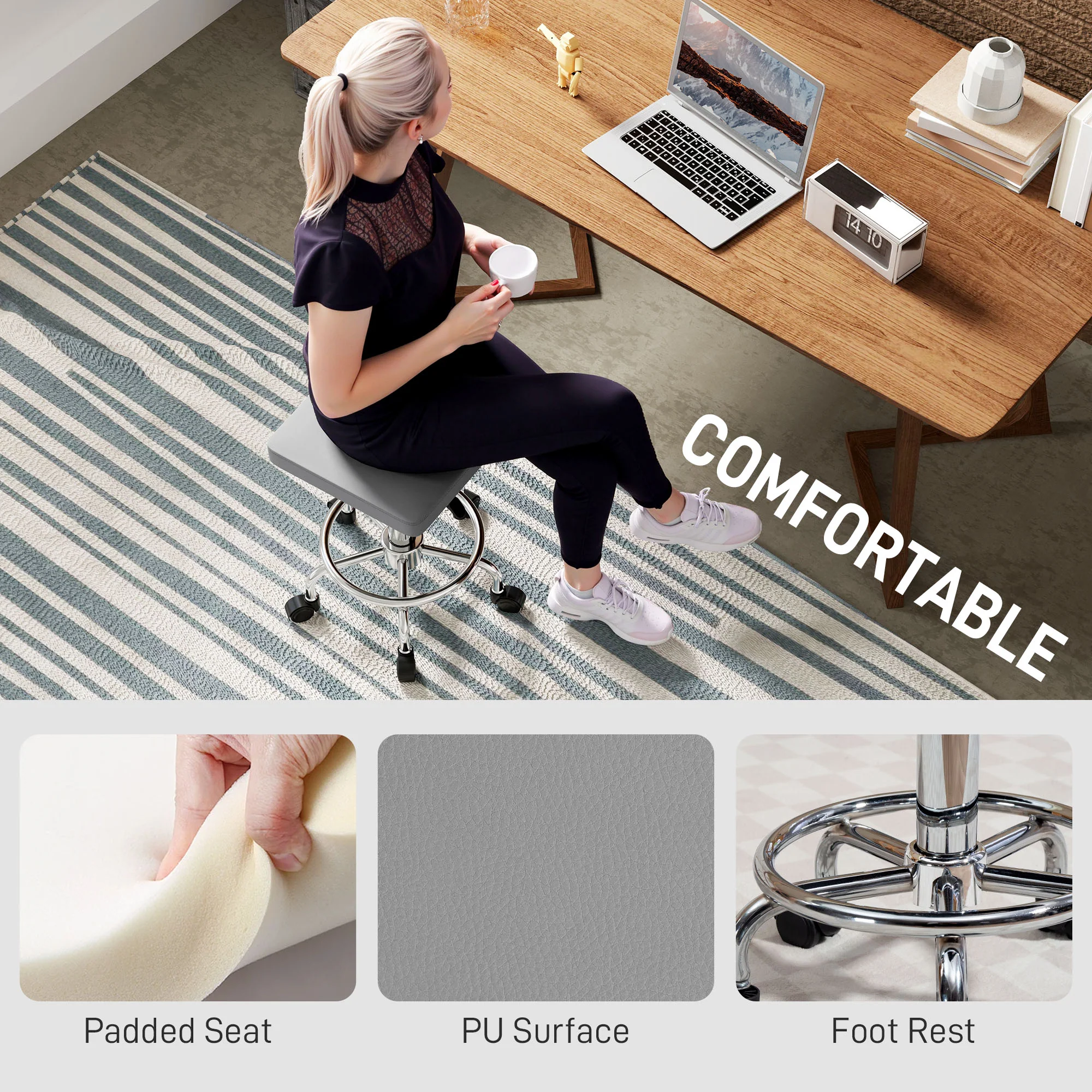 HOMCOM PU Leather Rolling Stool, Height Adjustable Salon Chair - Image 13