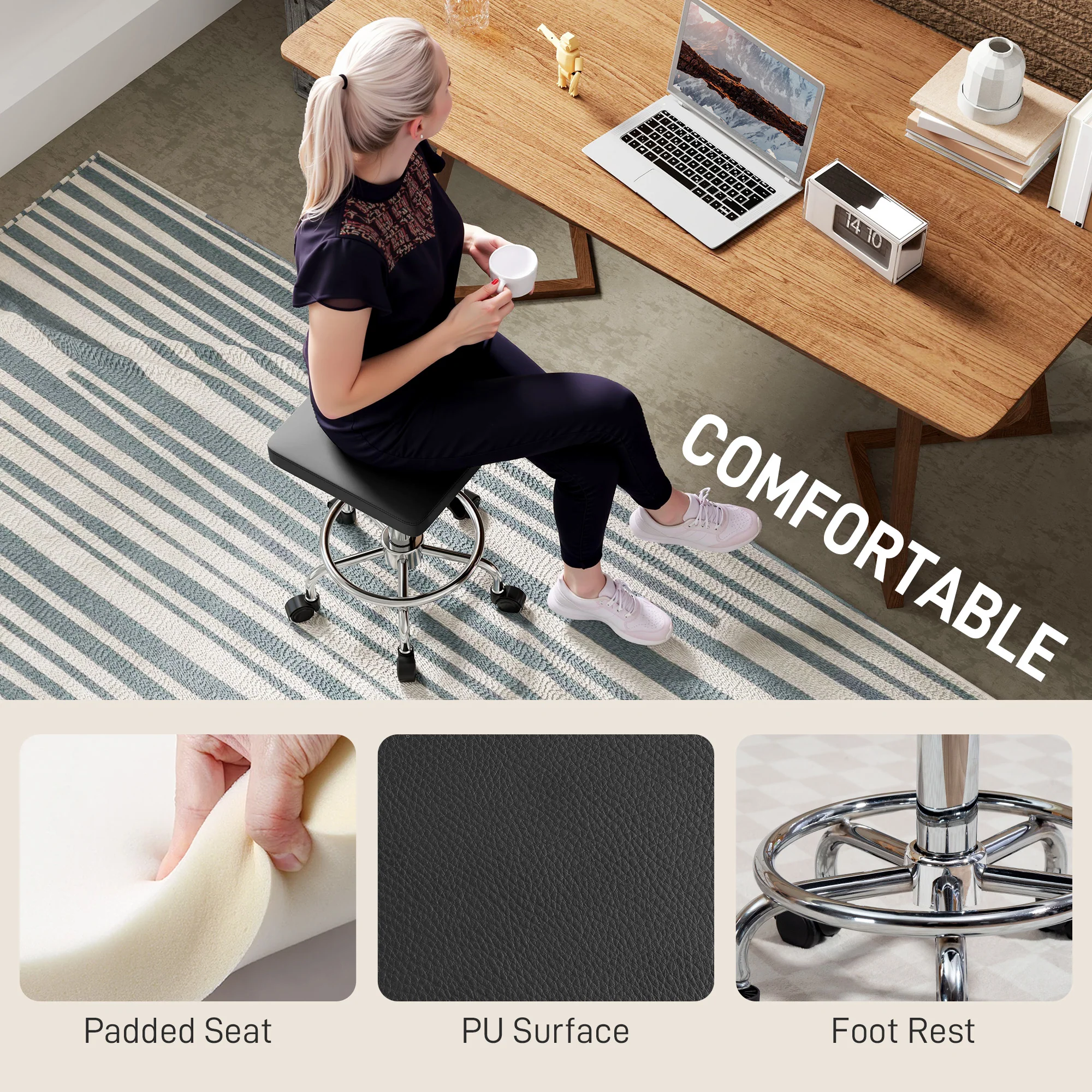 HOMCOM PU Leather Rolling Stool, Height Adjustable Salon Chair - Image 4