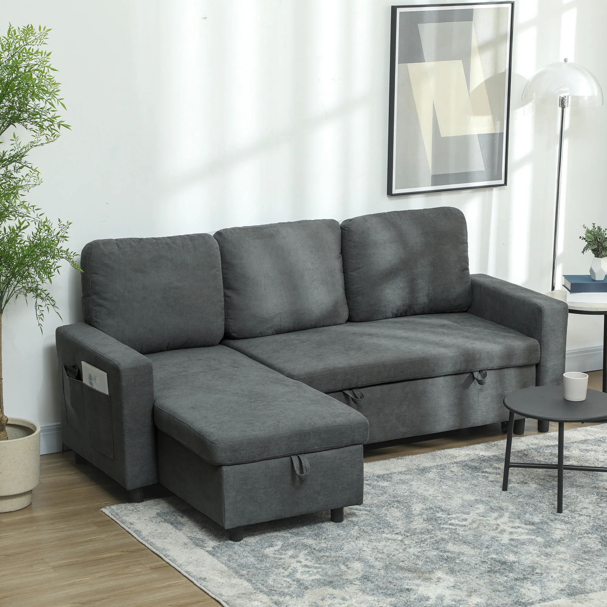 HOMCOM Pull Out Sofa Bed L Shape Corner Sofa w/ Reversible Chaise Charcoal grey - Image 2