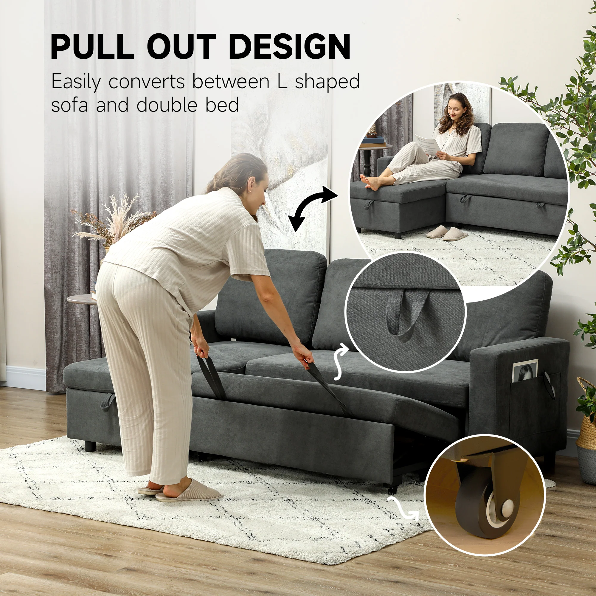 HOMCOM Pull Out Sofa Bed L Shape Corner Sofa w/ Reversible Chaise Charcoal grey - Image 3