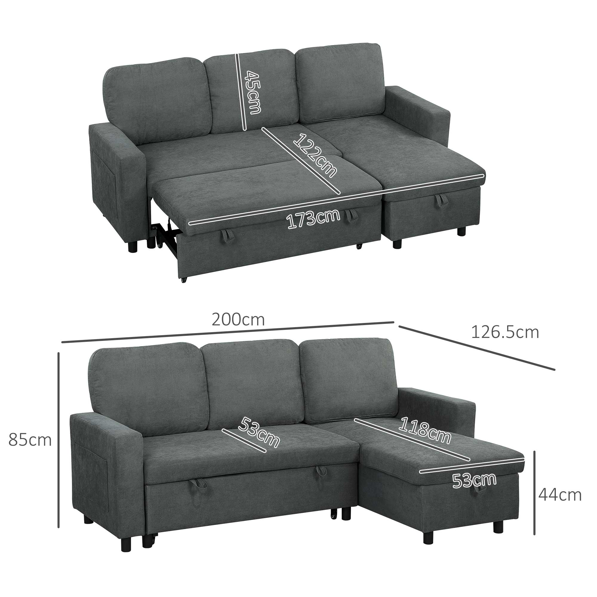 HOMCOM Pull Out Sofa Bed L Shape Corner Sofa w/ Reversible Chaise Charcoal grey - Image 5