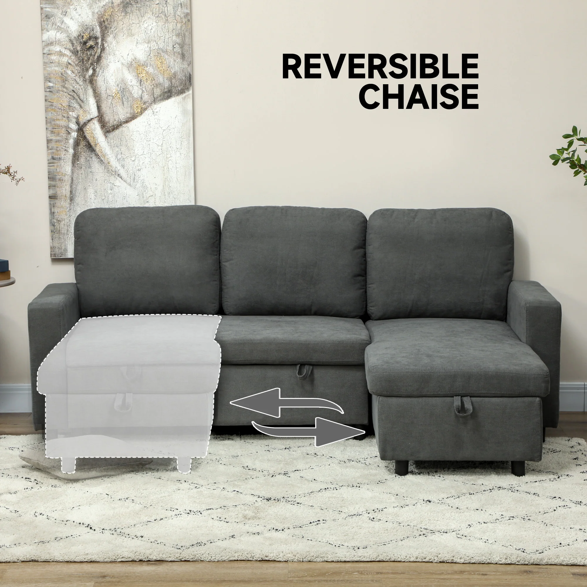 HOMCOM Pull Out Sofa Bed L Shape Corner Sofa w/ Reversible Chaise Charcoal grey - Image 6