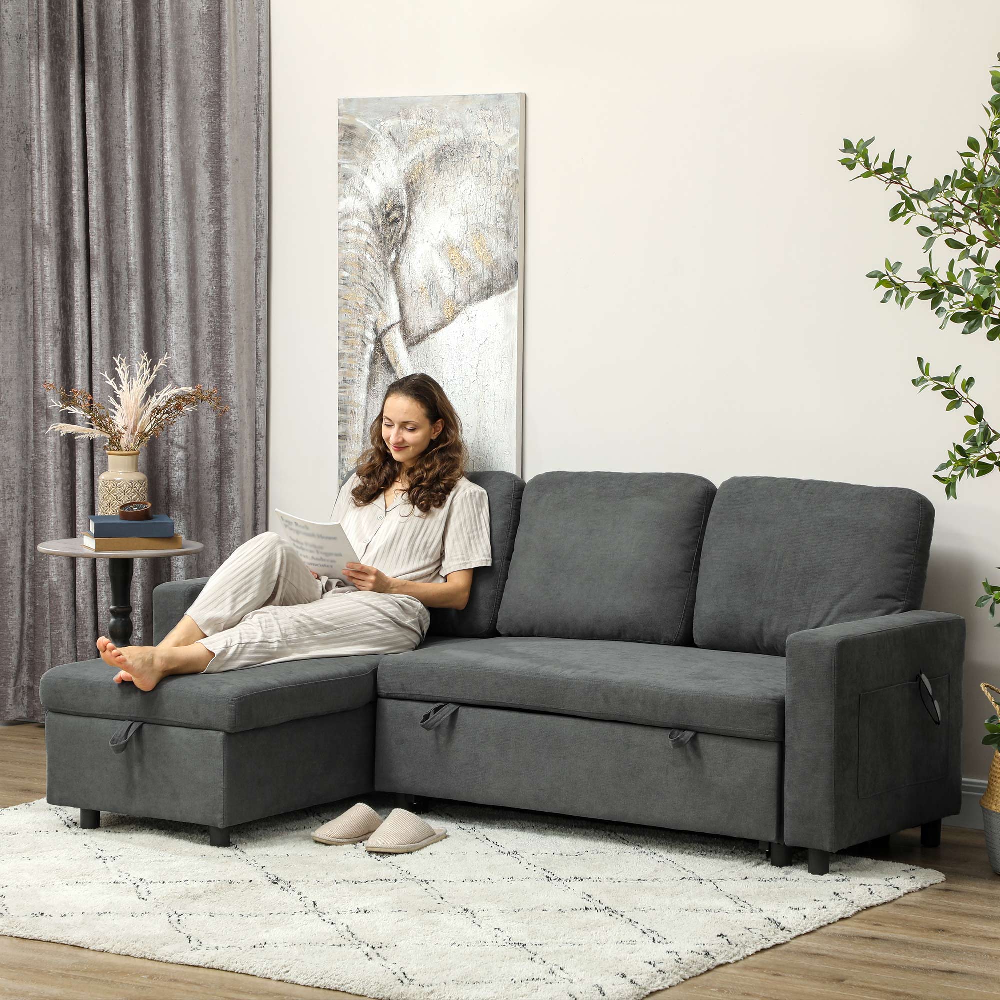 HOMCOM Pull Out Sofa Bed L Shape Corner Sofa w/ Reversible Chaise Charcoal grey - Image 8