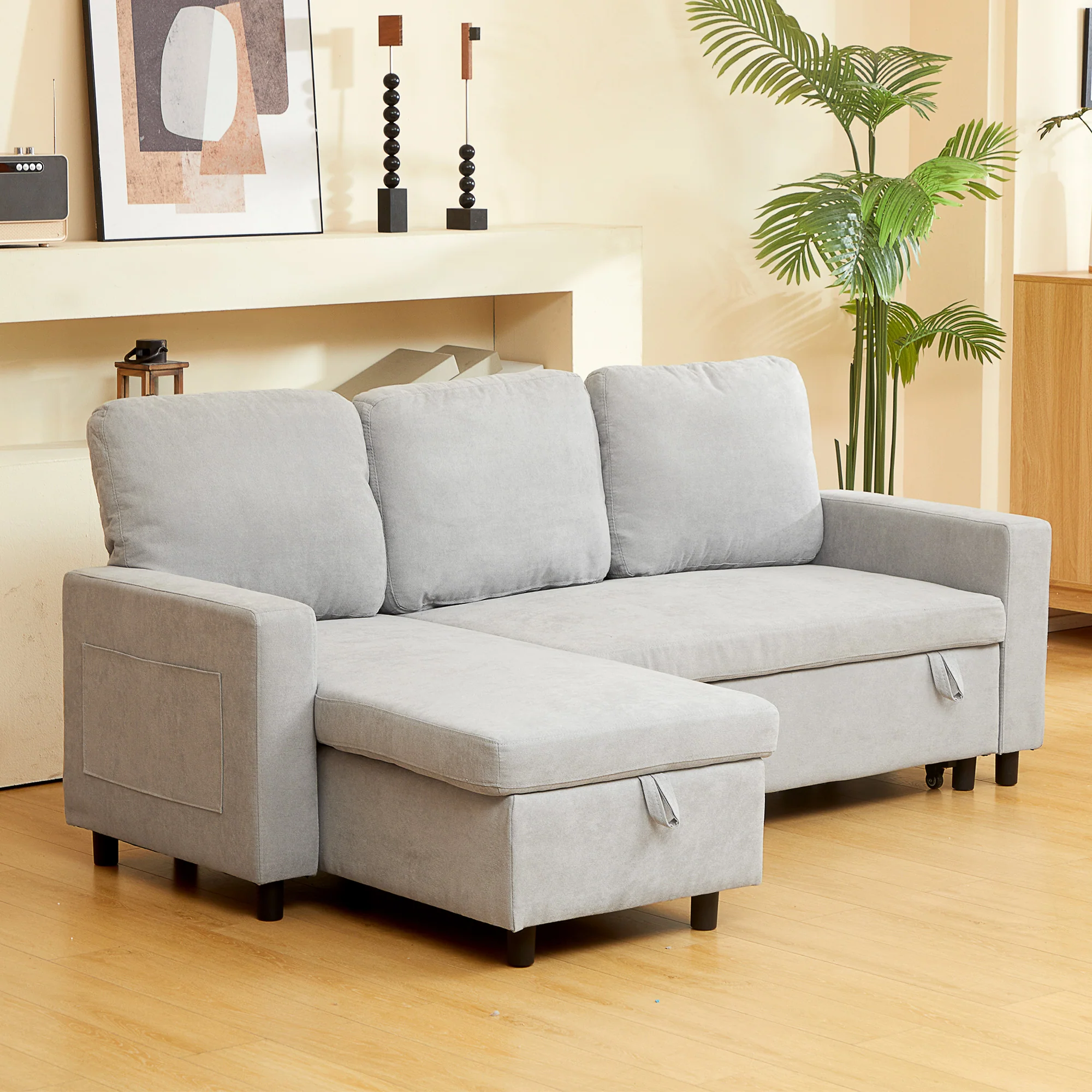 HOMCOM Pull Out Sofa Bed L Shape Corner Sofa w/ Reversible Chaise Light Grey - Image 2
