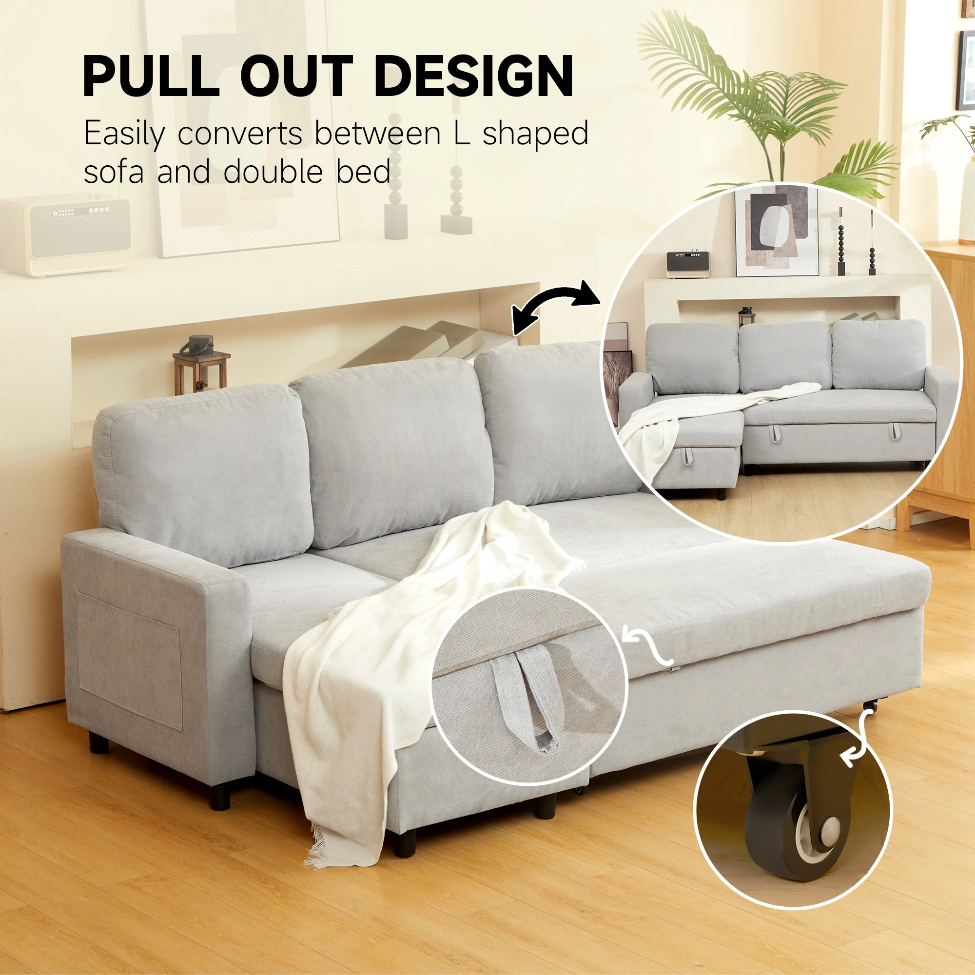 HOMCOM Pull Out Sofa Bed L Shape Corner Sofa w/ Reversible Chaise Light Grey - Image 3