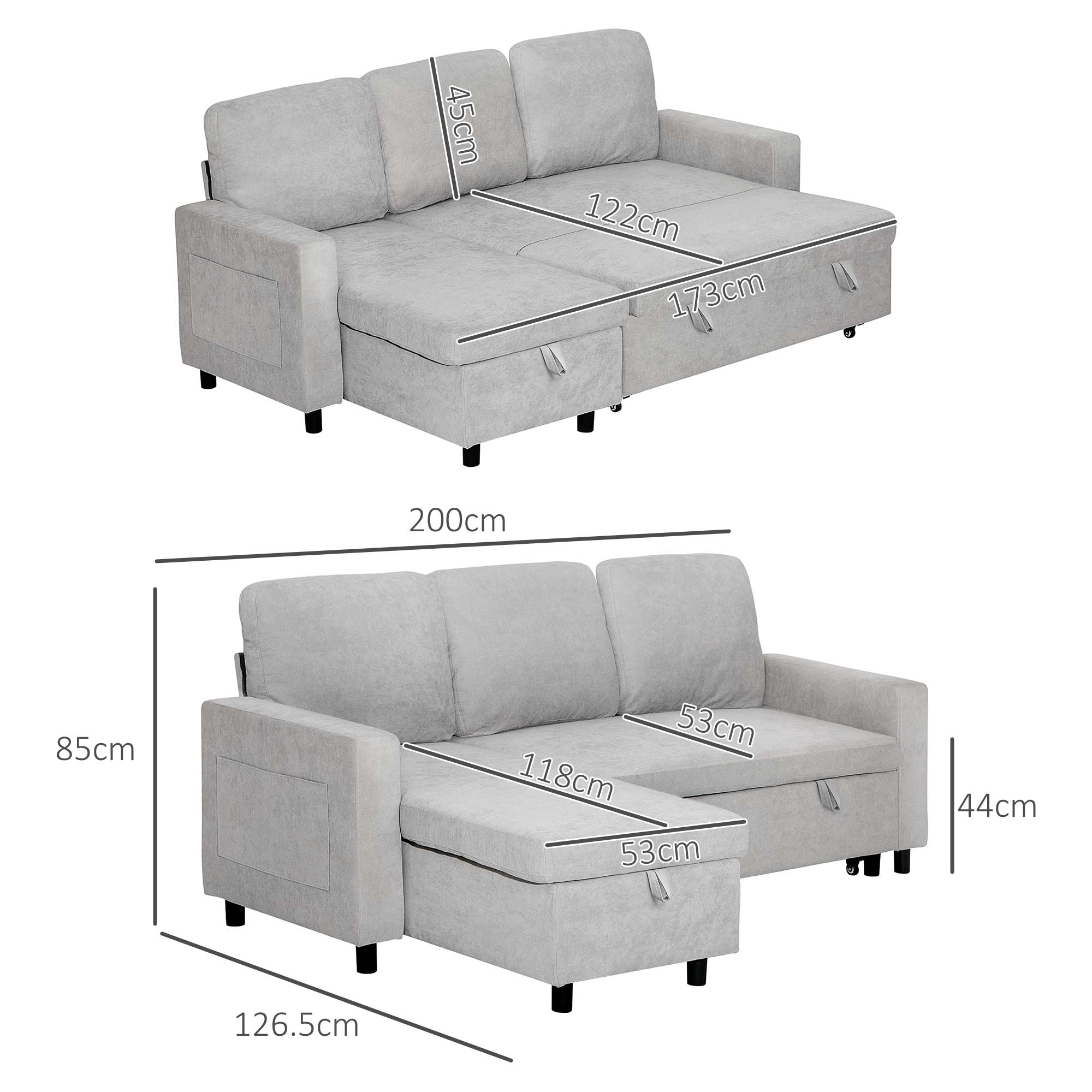 HOMCOM Pull Out Sofa Bed L Shape Corner Sofa w/ Reversible Chaise Light Grey - Image 5