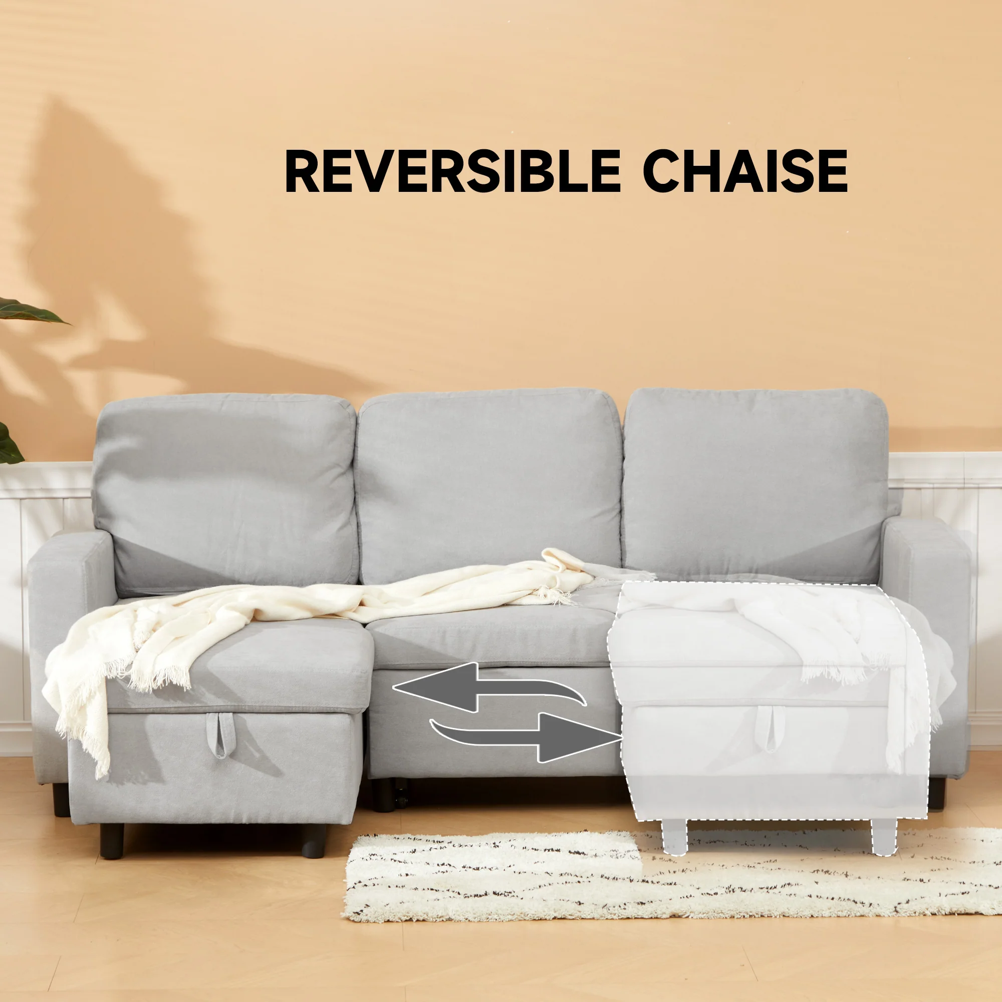 HOMCOM Pull Out Sofa Bed L Shape Corner Sofa w/ Reversible Chaise Light Grey - Image 6