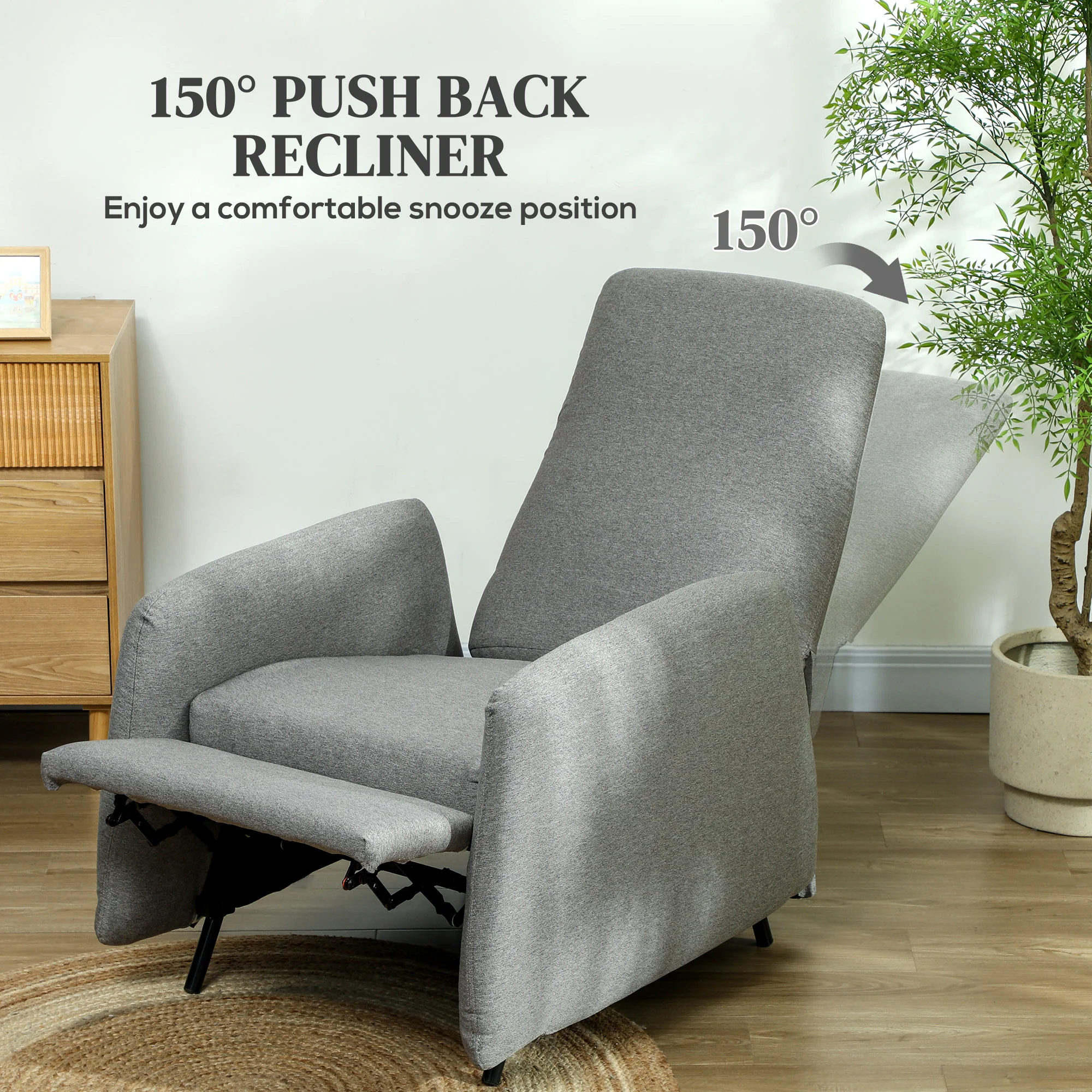 HOMCOM Push Back Recliner Chair Fabric Reclining Armchair for Bedroom Grey - Image 3