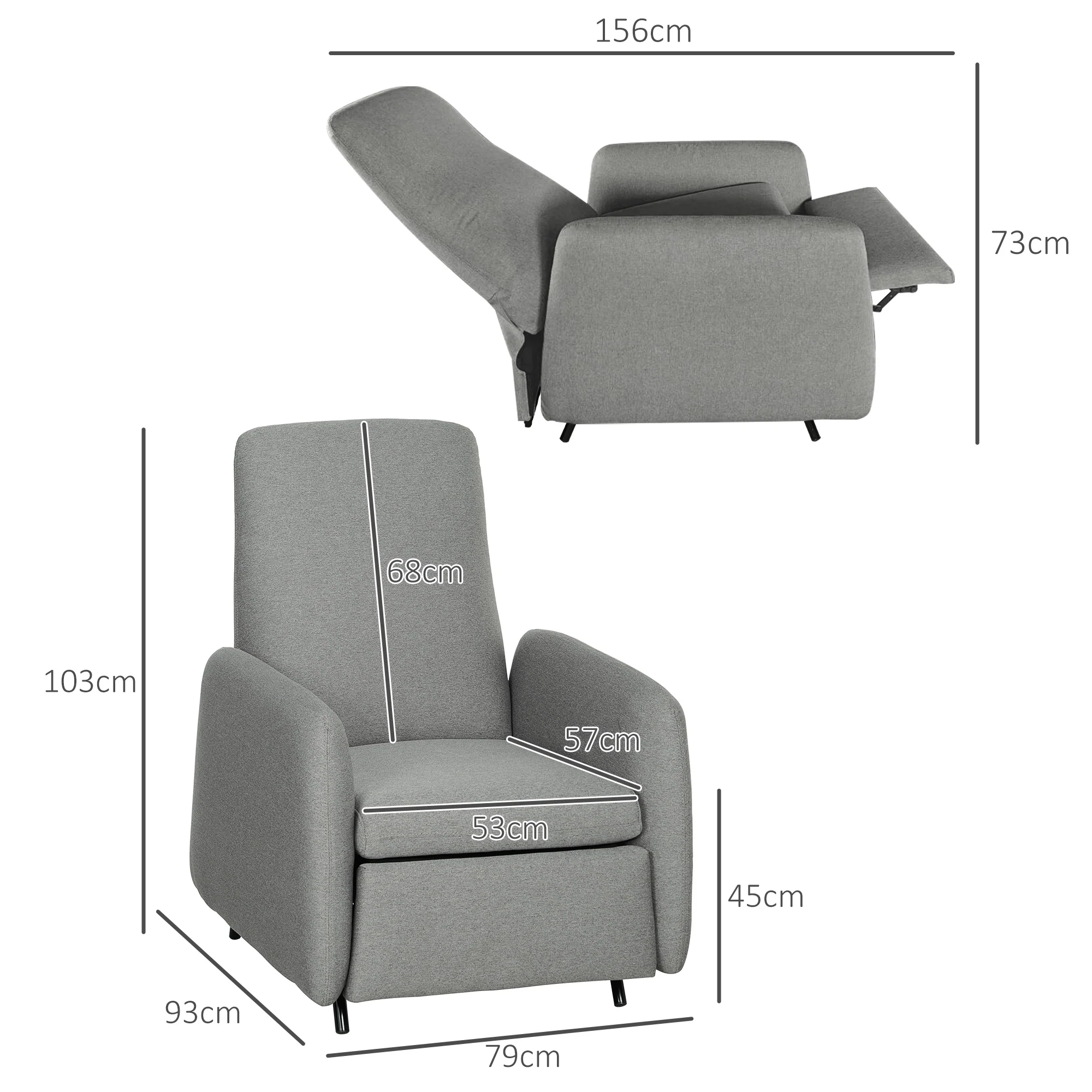 HOMCOM Push Back Recliner Chair Fabric Reclining Armchair for Bedroom Grey - Image 5