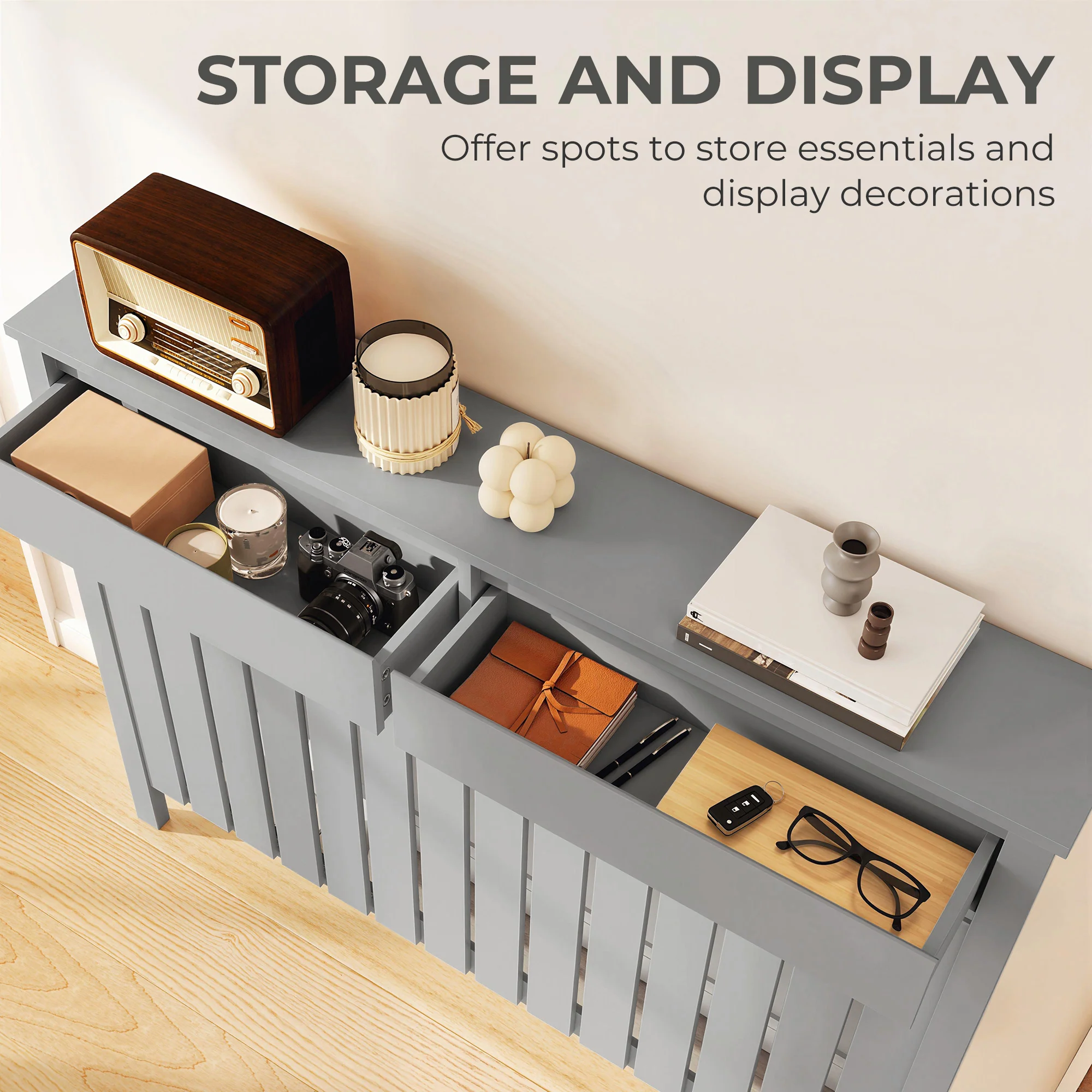 HOMCOM Radiator Cover With Drawer And Vertical Slats Grey - Image 12